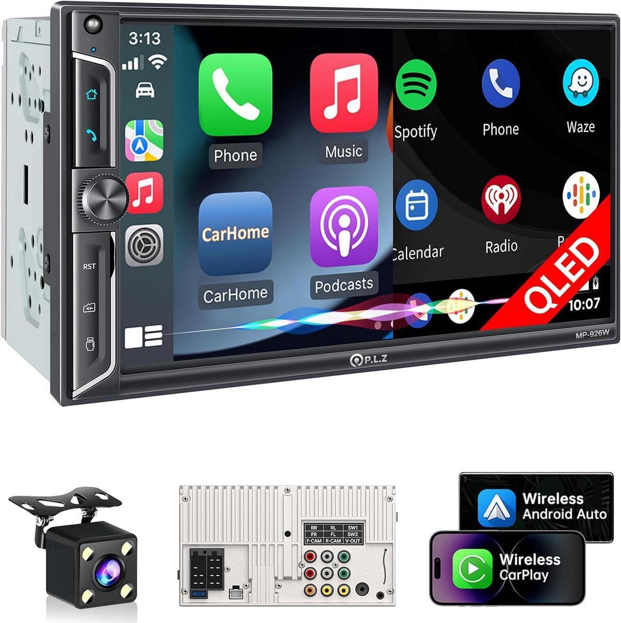 Main image of 7" Wireless Double Din Car Stereo  Car Play Radio Carplay Android Auto QLED Touch Screen, Bluetooth 5.3 Audio Receivers, 1080P Backup Camera, 4.2 Channel Outputs 240W, 2 Subwoofer, FM/AM, SWC