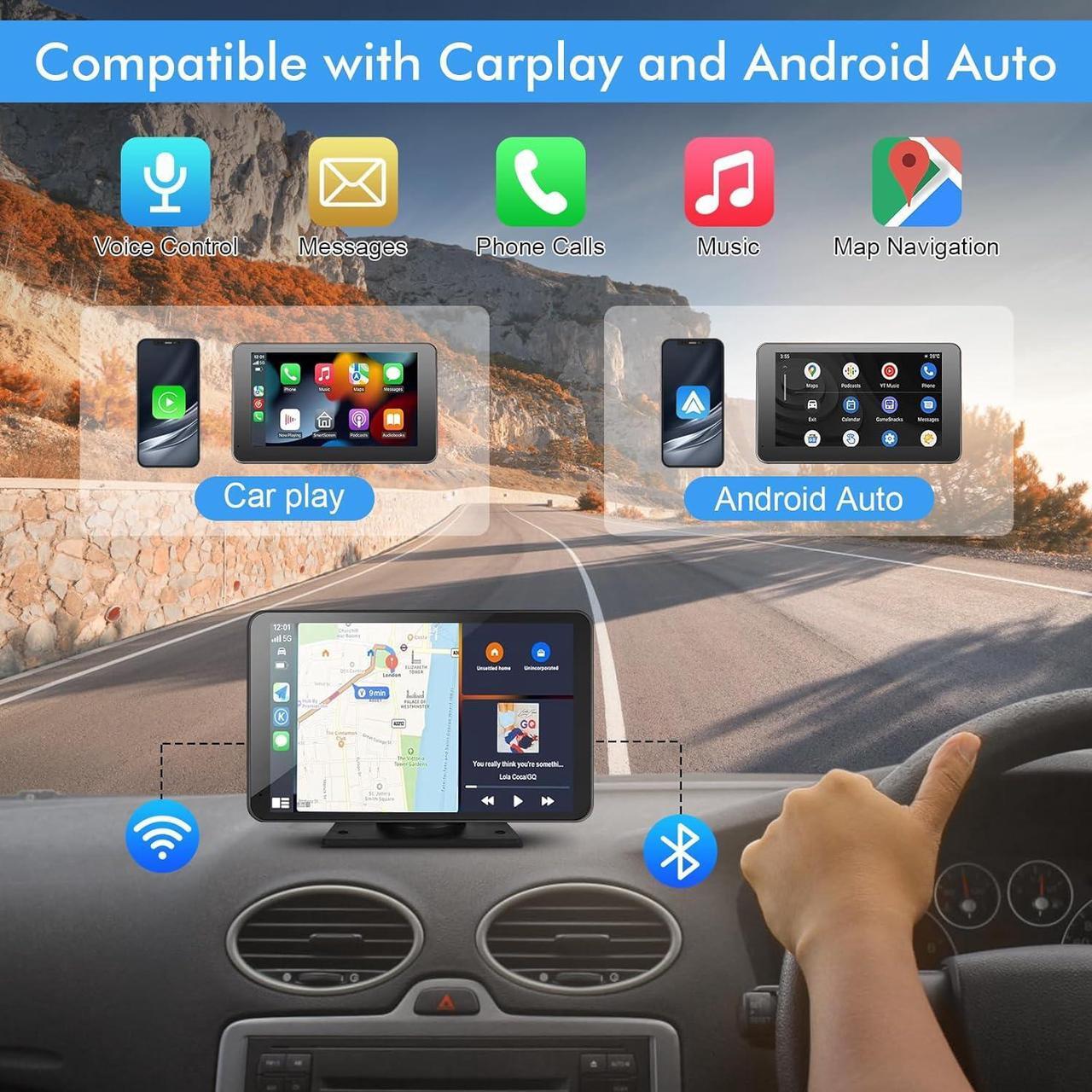 Alt view image 2 of 7 - 7" HD Portable Carplay Wireless Touch Screen Double Din Car Stereo Compatible  Carplay and Android Auto with GPS Navigation, Voice Control, Mirror Link, Bluetooth