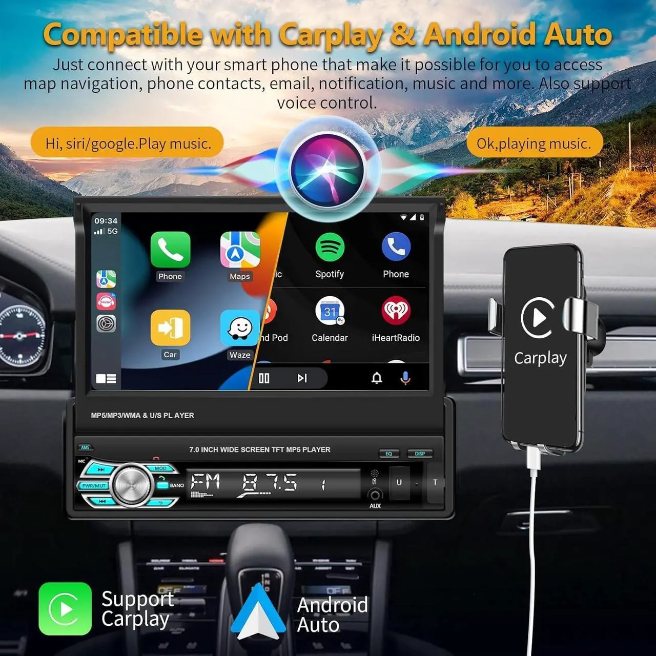Alt view image 2 of 7 - Single Din Carplay Car Stereo with Bluetooth AHD Backup Camera, 7 Inch flip Out Touch Screen Car Radio MP5 Player Support Android Auto, Mirror Link, USB, TF, FM Radio, Aux-in, SWC