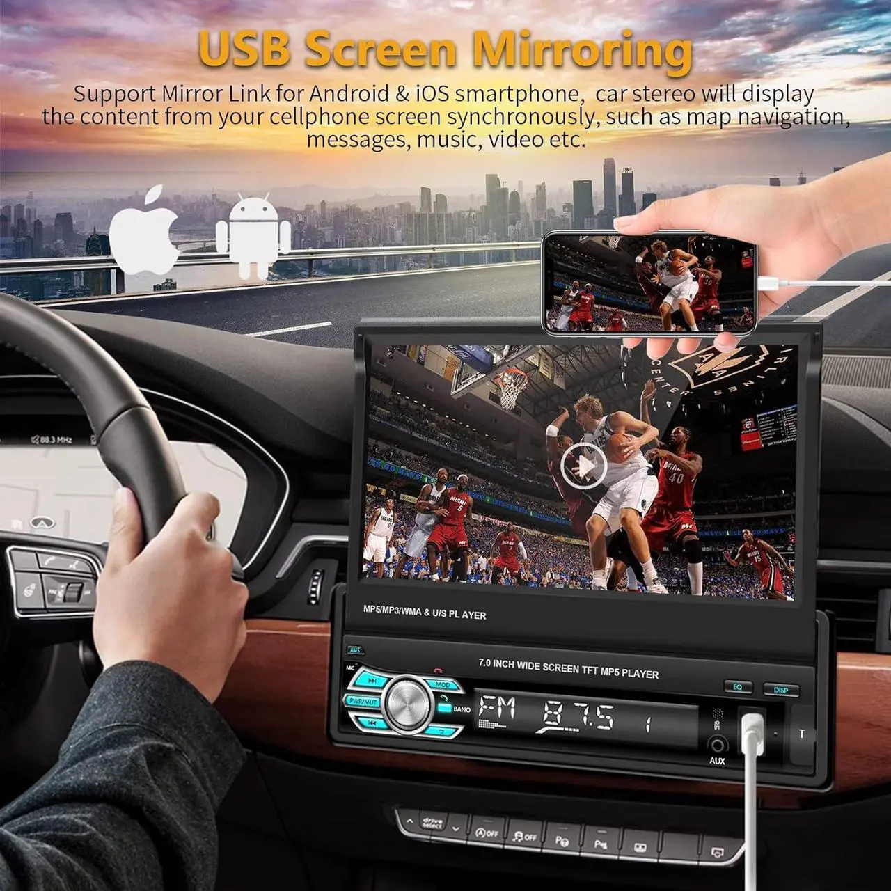 Alt view image 3 of 7 - Single Din Carplay Car Stereo with Bluetooth AHD Backup Camera, 7 Inch flip Out Touch Screen Car Radio MP5 Player Support Android Auto, Mirror Link, USB, TF, FM Radio, Aux-in, SWC