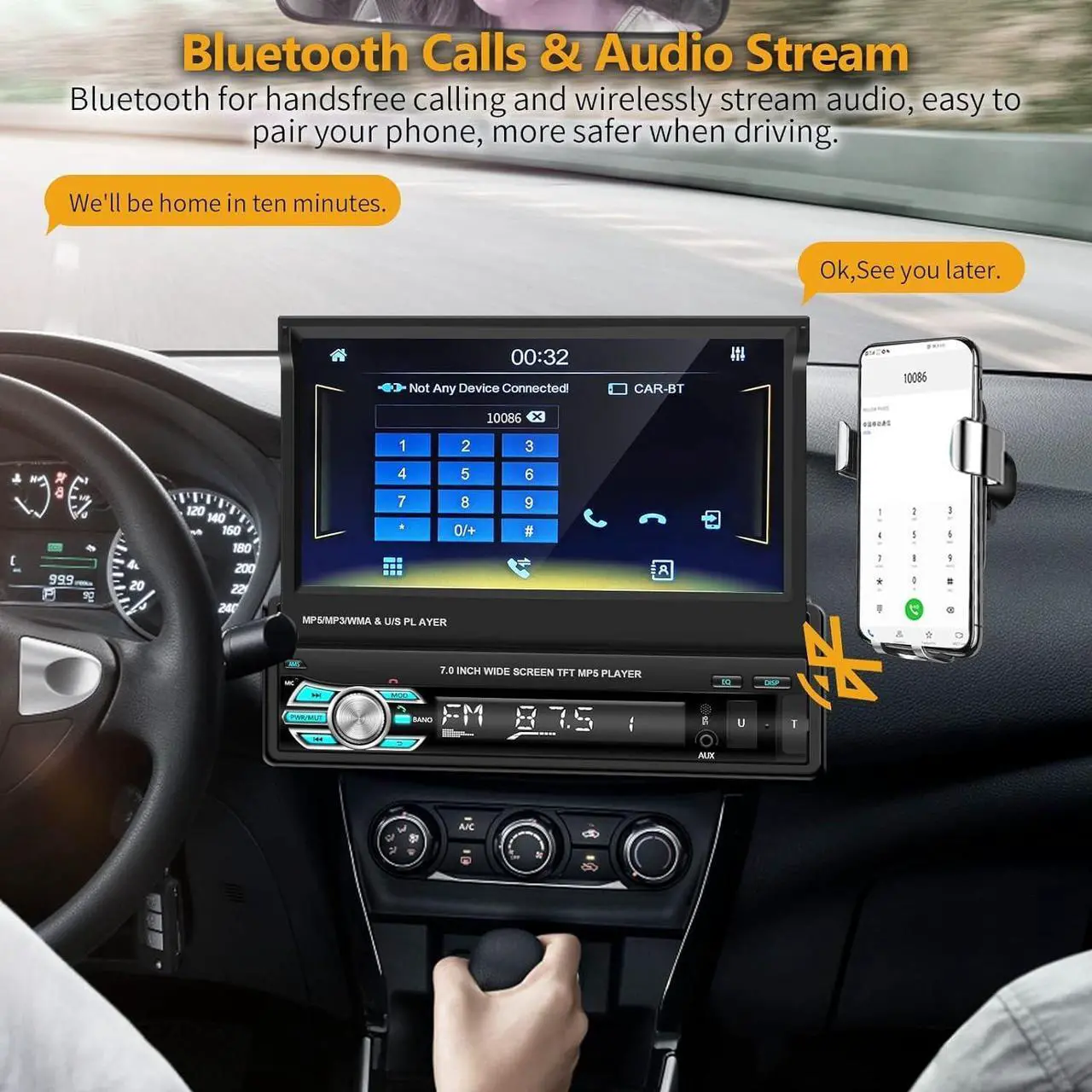 Alt view image 4 of 7 - Single Din Carplay Car Stereo with Bluetooth AHD Backup Camera, 7 Inch flip Out Touch Screen Car Radio MP5 Player Support Android Auto, Mirror Link, USB, TF, FM Radio, Aux-in, SWC