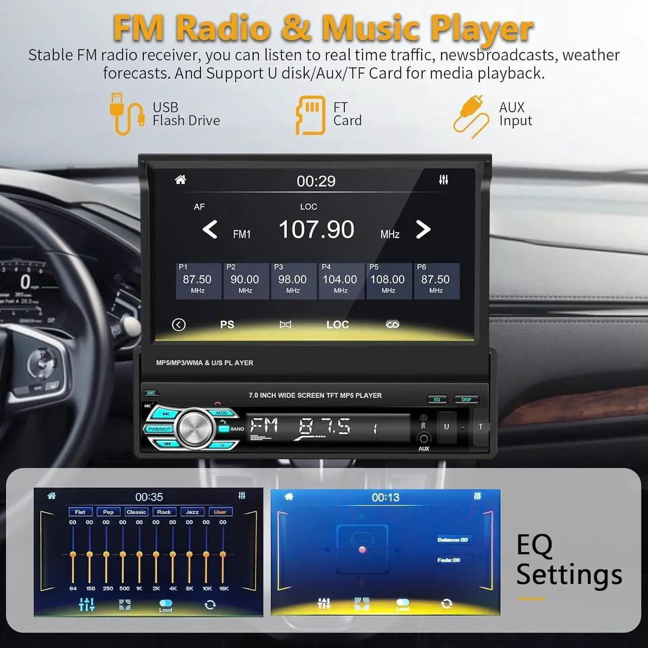 Alt view image 6 of 7 - Single Din Carplay Car Stereo with Bluetooth AHD Backup Camera, 7 Inch flip Out Touch Screen Car Radio MP5 Player Support Android Auto, Mirror Link, USB, TF, FM Radio, Aux-in, SWC