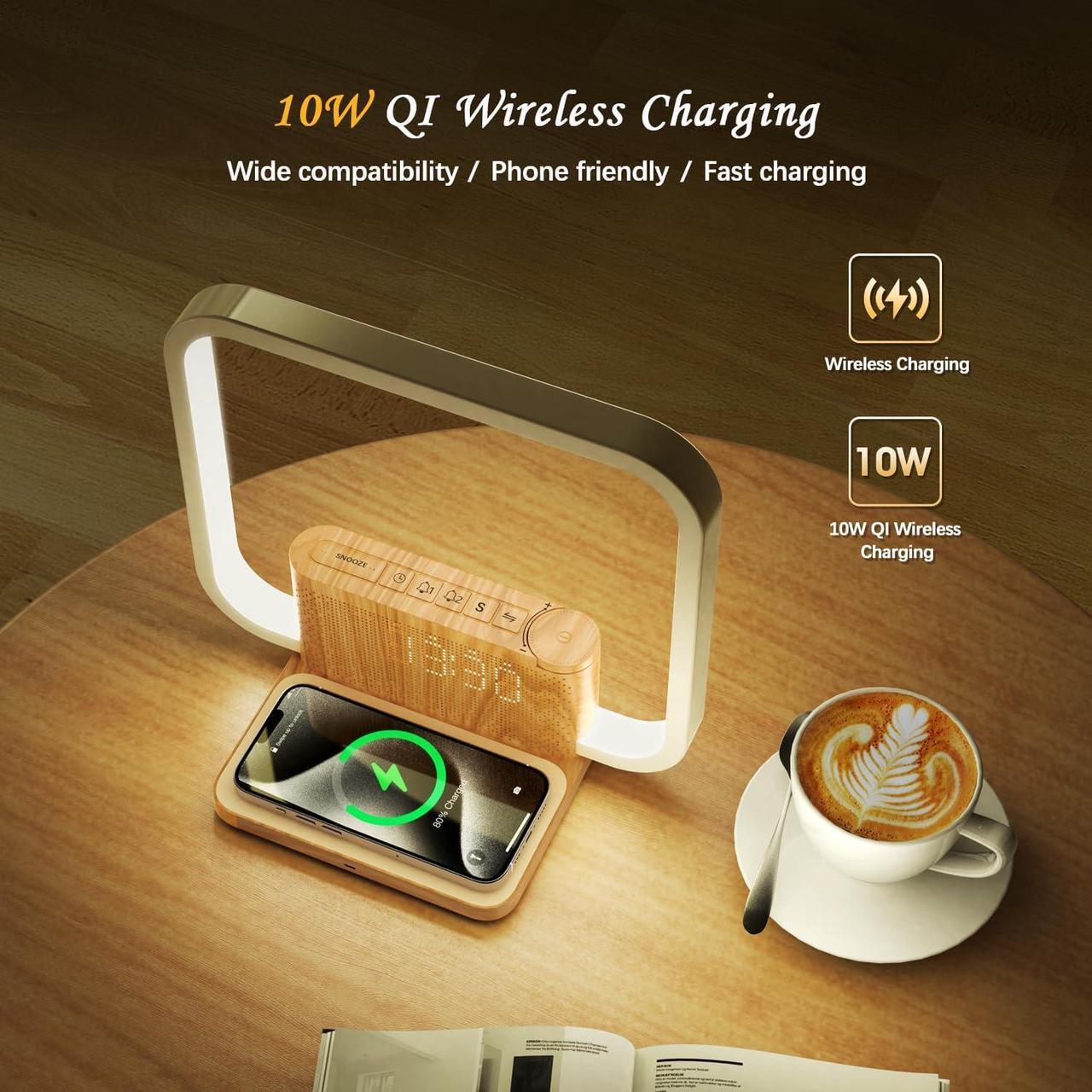 Alt view image 3 of 7 - Sunrise Alarm Clock for Heavy Sleepers with Wireless Charger, Wake Up Light, Sleep Aid with 10 Nature Sounds for Bedroom, White Noise Sound Machine for Adults, 3 Way Dimmable Touch Table Lamp