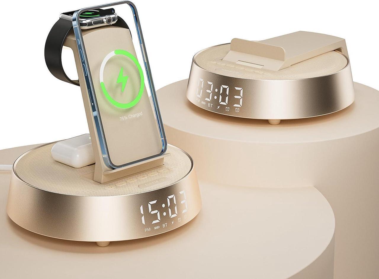 Main image of Alarm Clock with Wireless Charging Station, Clock for Bedroom with Dimmable Night Light Bluetooth Speaker, Wireless Charger Dock Station for iPhone 16 15 14 13 12 11 Pro Max,  Watch, AirPods Pro