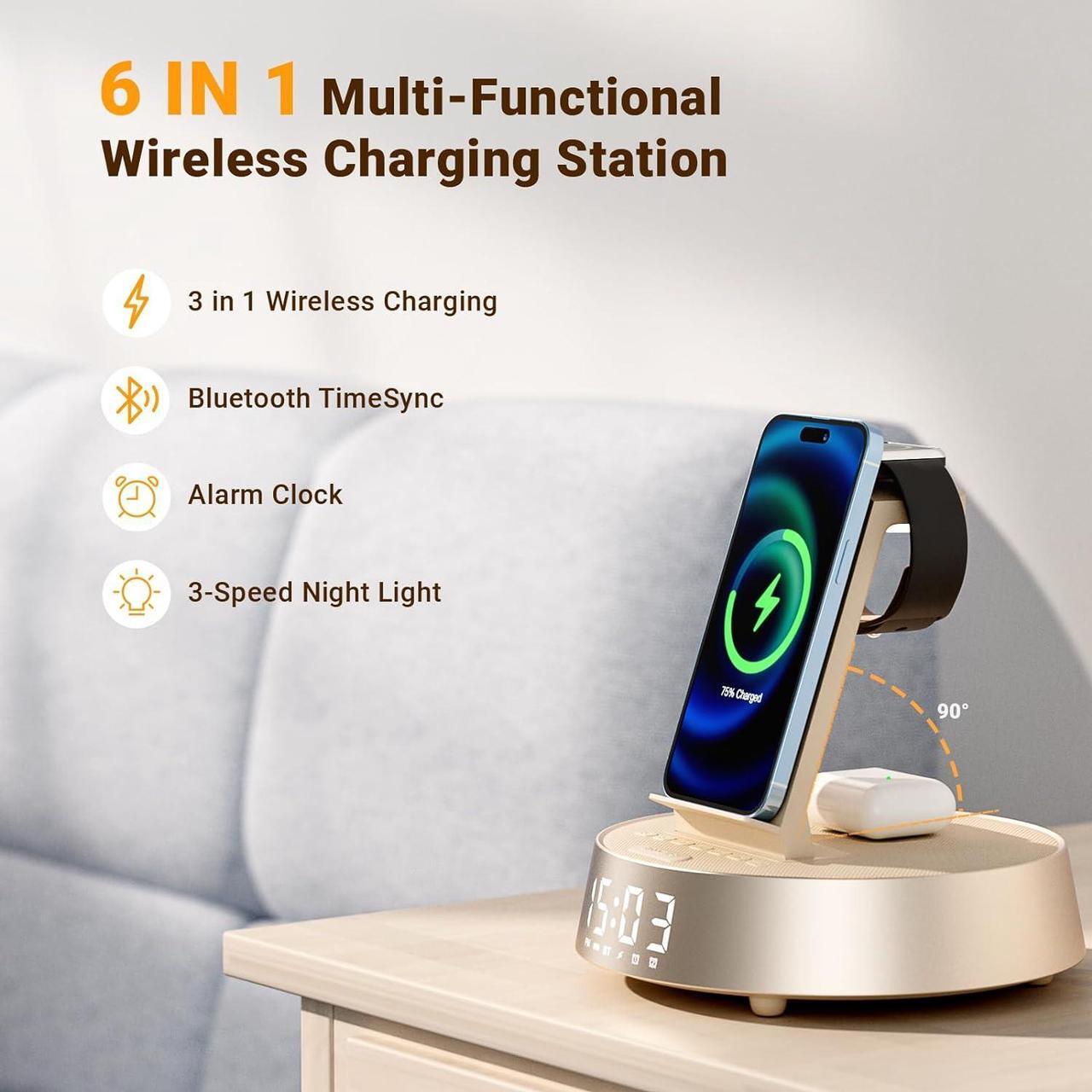 Alt view image 2 of 7 - Alarm Clock with Wireless Charging Station, Clock for Bedroom with Dimmable Night Light Bluetooth Speaker, Wireless Charger Dock Station for iPhone 16 15 14 13 12 11 Pro Max,  Watch, AirPods Pro