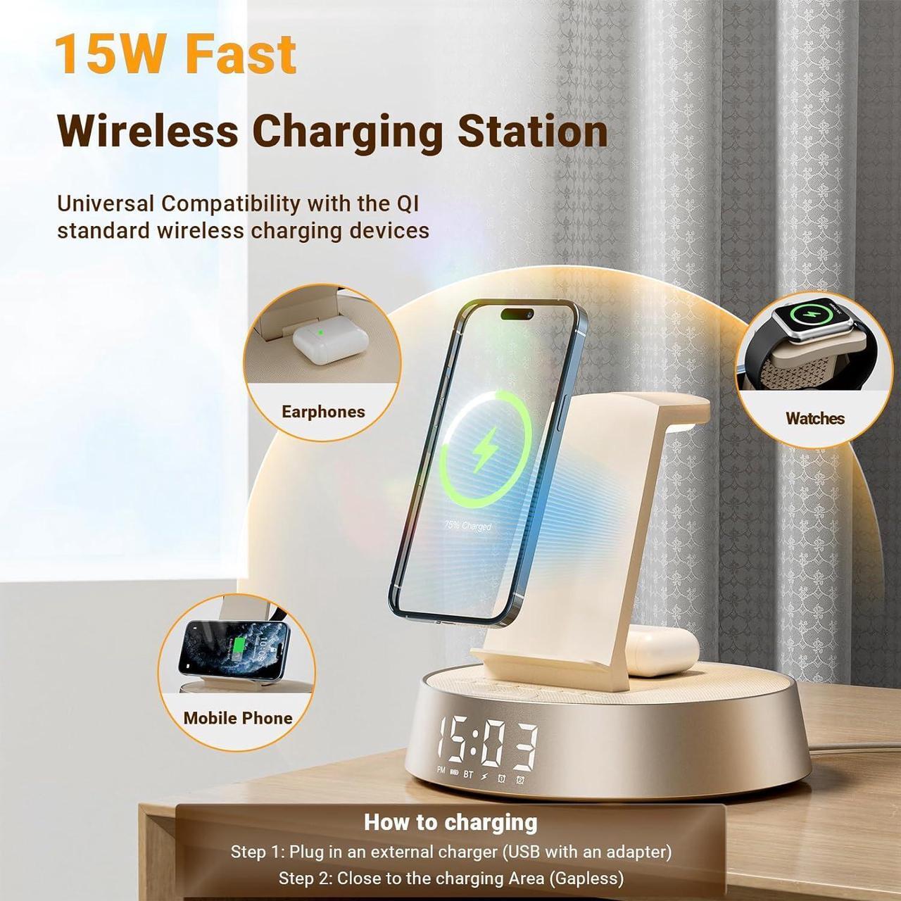 Alt view image 4 of 7 - Alarm Clock with Wireless Charging Station, Clock for Bedroom with Dimmable Night Light Bluetooth Speaker, Wireless Charger Dock Station for iPhone 16 15 14 13 12 11 Pro Max,  Watch, AirPods Pro