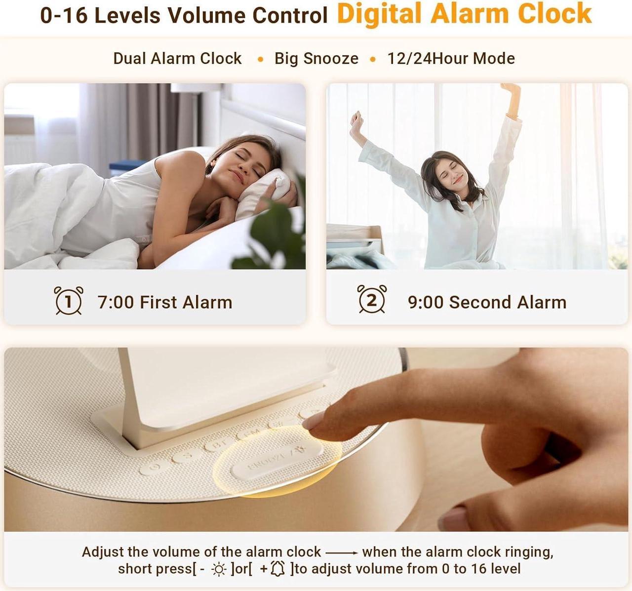 Alt view image 5 of 7 - Alarm Clock with Wireless Charging Station, Clock for Bedroom with Dimmable Night Light Bluetooth Speaker, Wireless Charger Dock Station for iPhone 16 15 14 13 12 11 Pro Max,  Watch, AirPods Pro