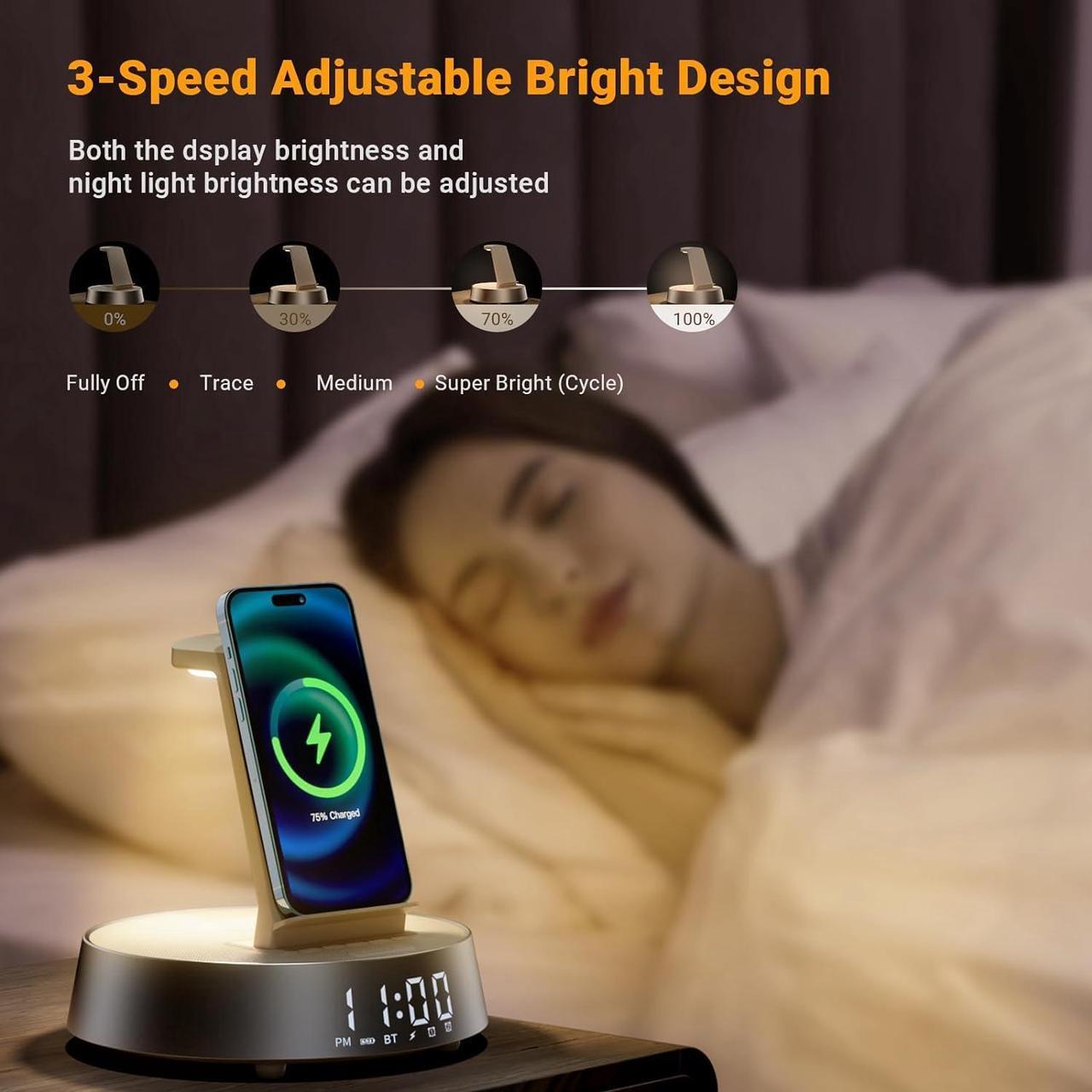 Alt view image 6 of 7 - Alarm Clock with Wireless Charging Station, Clock for Bedroom with Dimmable Night Light Bluetooth Speaker, Wireless Charger Dock Station for iPhone 16 15 14 13 12 11 Pro Max,  Watch, AirPods Pro