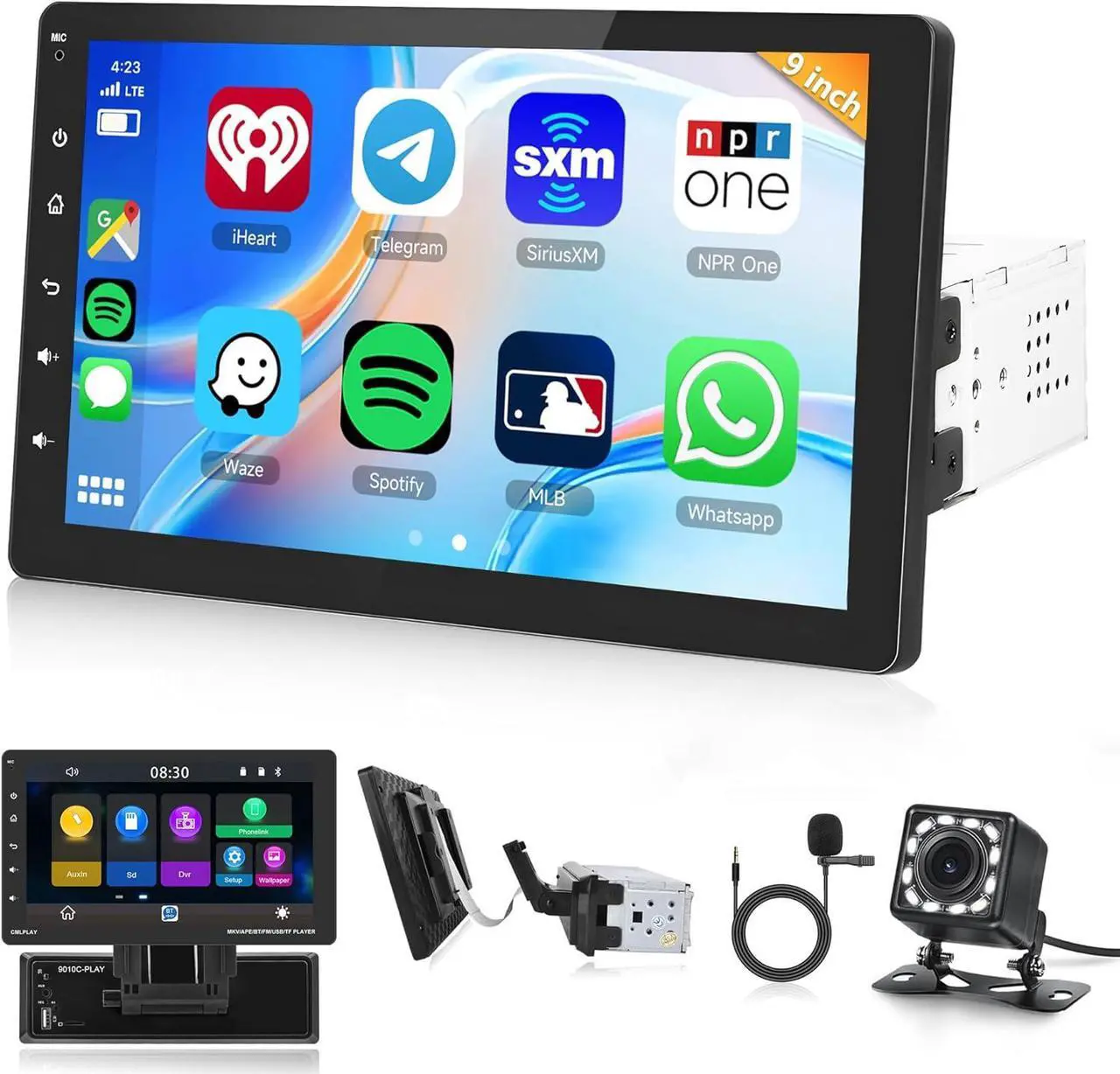 Main image of Single Din Car Stereo Touchscreen with CarPlay and Android Auto, Rimoody 9 Inch Detachable Radio with Mirror Link/1080P/EQ Audio/SWC/Bluetooth/FM/TF/USB/AUX +Backup Camera+MIC