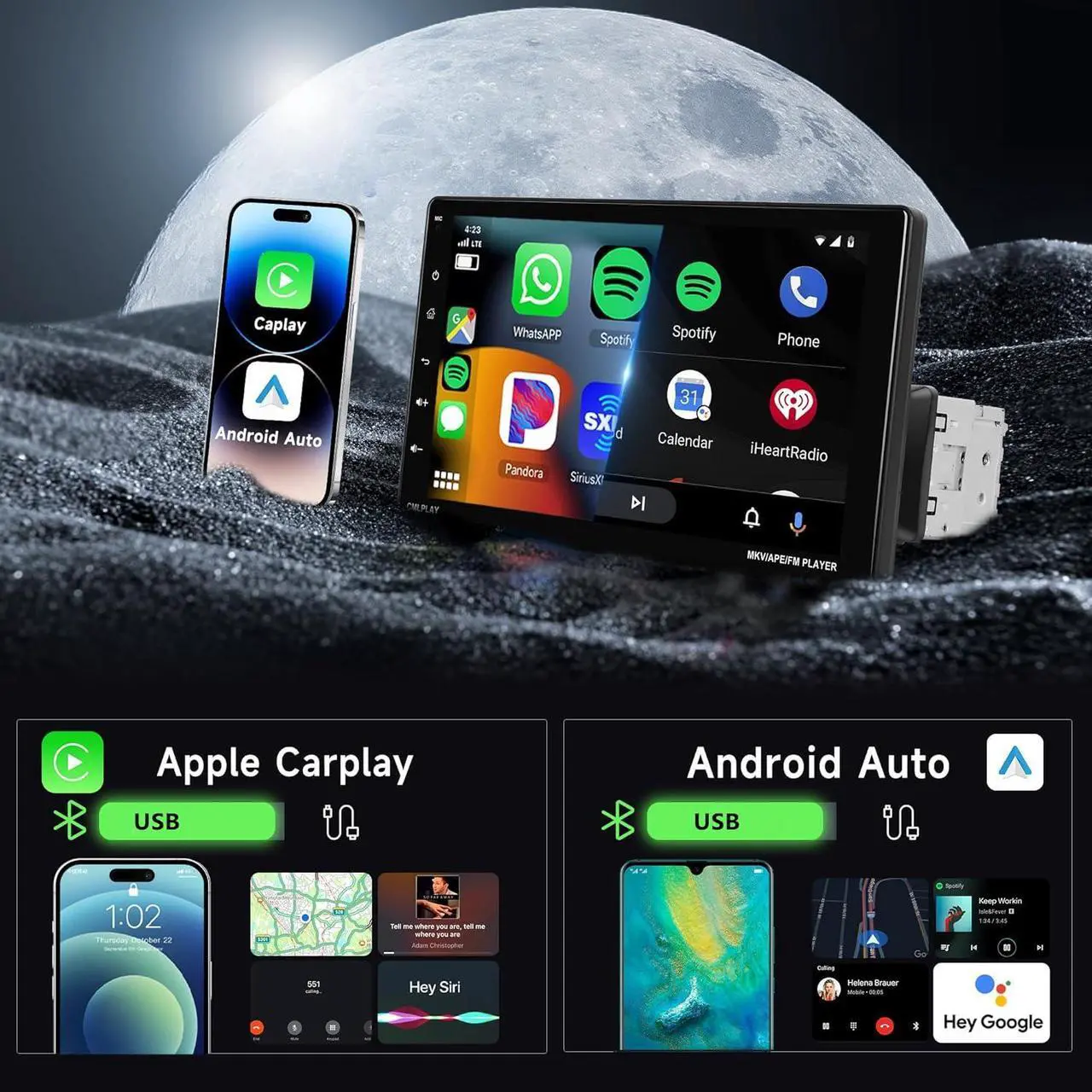 Alt view image 2 of 7 - Single Din Car Stereo Touchscreen with CarPlay and Android Auto, Rimoody 9 Inch Detachable Radio with Mirror Link/1080P/EQ Audio/SWC/Bluetooth/FM/TF/USB/AUX +Backup Camera+MIC