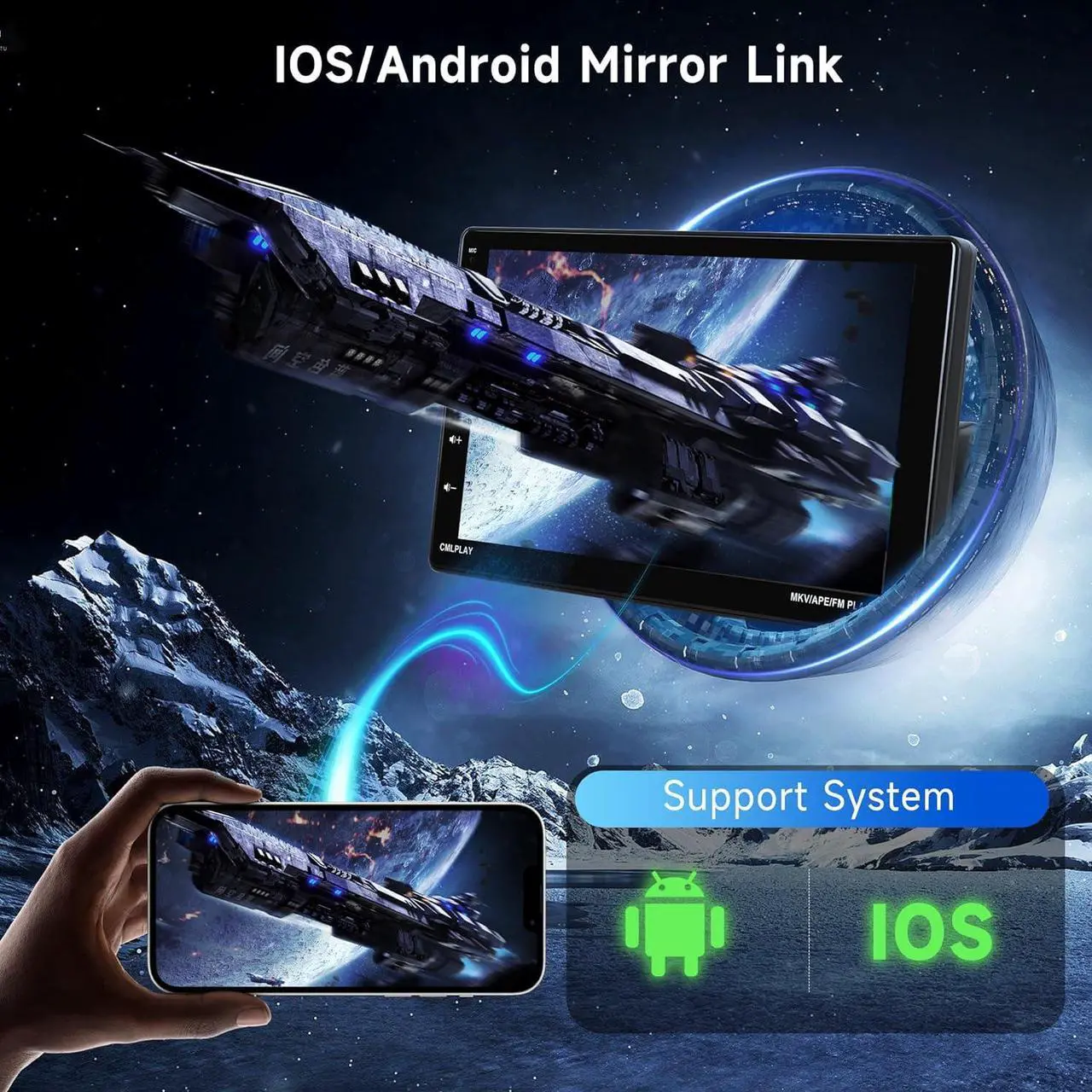 Alt view image 3 of 7 - Single Din Car Stereo Touchscreen with CarPlay and Android Auto, Rimoody 9 Inch Detachable Radio with Mirror Link/1080P/EQ Audio/SWC/Bluetooth/FM/TF/USB/AUX +Backup Camera+MIC