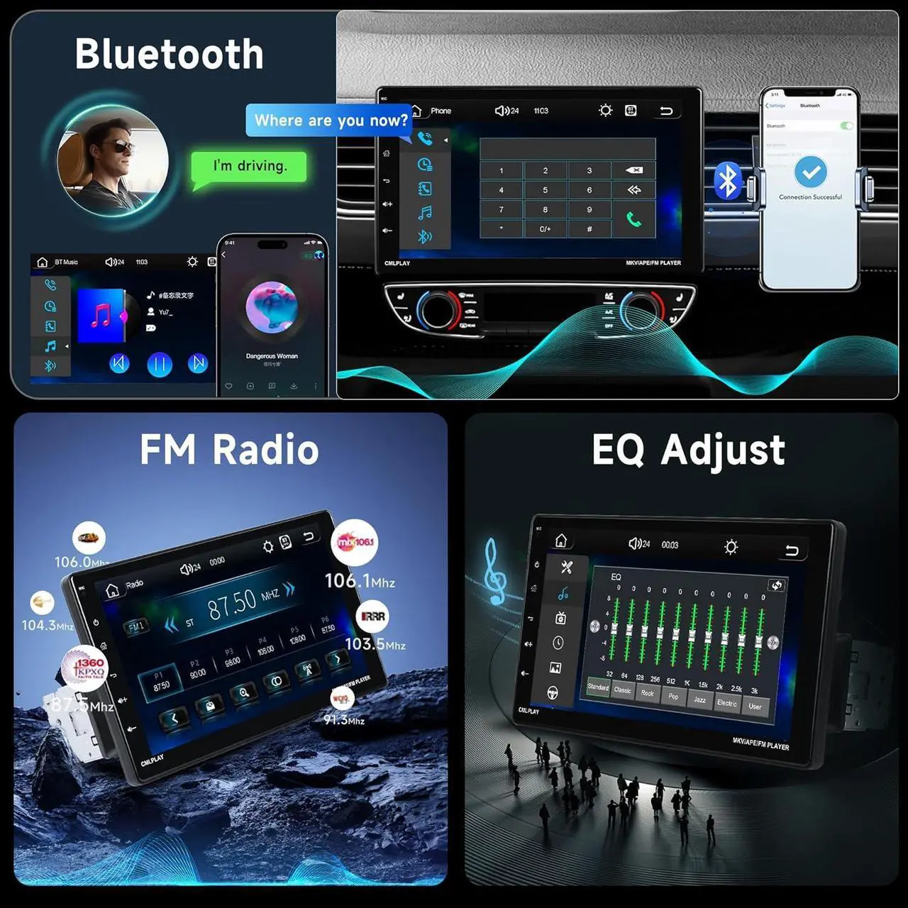Alt view image 4 of 7 - Single Din Car Stereo Touchscreen with CarPlay and Android Auto, Rimoody 9 Inch Detachable Radio with Mirror Link/1080P/EQ Audio/SWC/Bluetooth/FM/TF/USB/AUX +Backup Camera+MIC