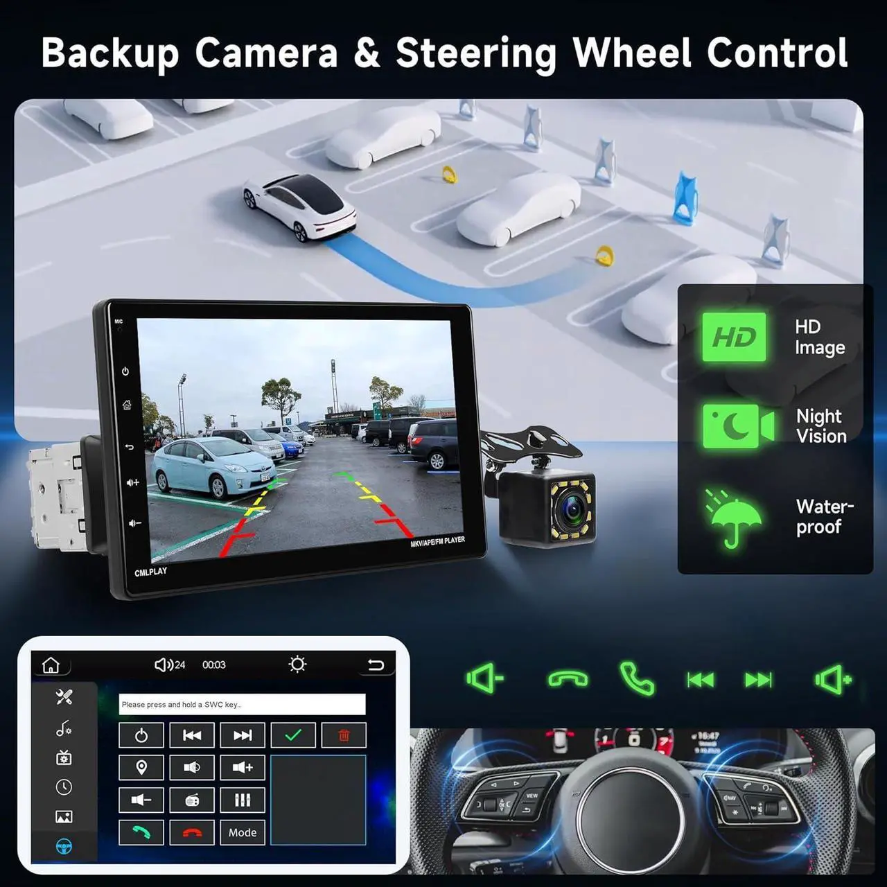 Alt view image 5 of 7 - Single Din Car Stereo Touchscreen with CarPlay and Android Auto, Rimoody 9 Inch Detachable Radio with Mirror Link/1080P/EQ Audio/SWC/Bluetooth/FM/TF/USB/AUX +Backup Camera+MIC