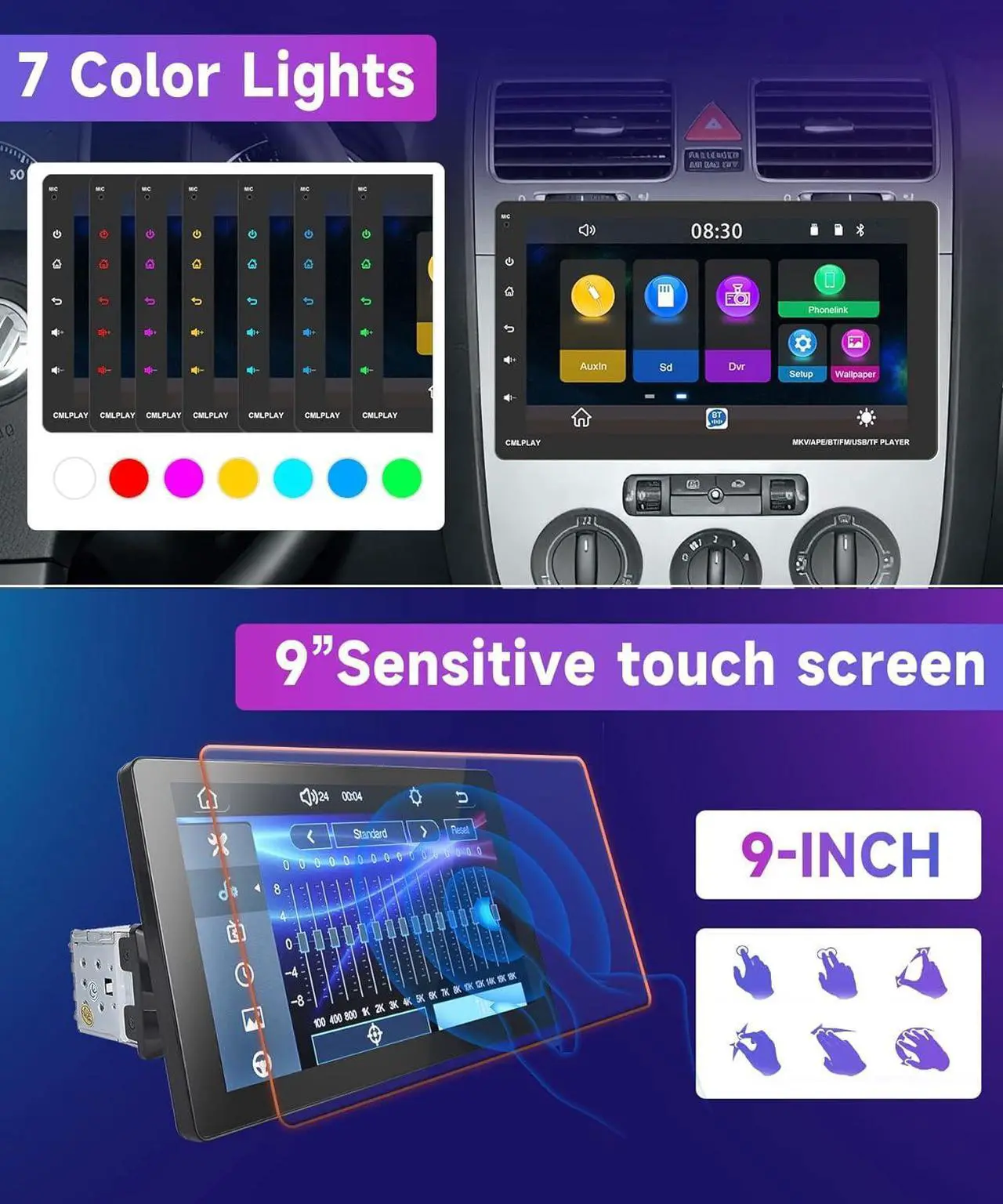 Alt view image 6 of 7 - Single Din Car Stereo Touchscreen with CarPlay and Android Auto, Rimoody 9 Inch Detachable Radio with Mirror Link/1080P/EQ Audio/SWC/Bluetooth/FM/TF/USB/AUX +Backup Camera+MIC