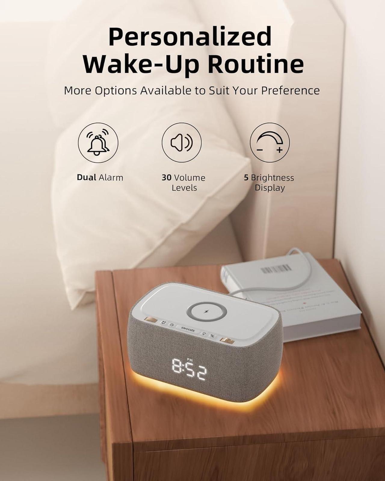 Alt view image 2 of 6 - Alarm Clock with Wireless Charging,Multifunctional Alarm Clock with Bluetooth Speaker,Dimmable LED Display with 9V&2A Fast Charging Port,Clock Radios for Bedroom,Aesthetic Bedside Alarm Clock