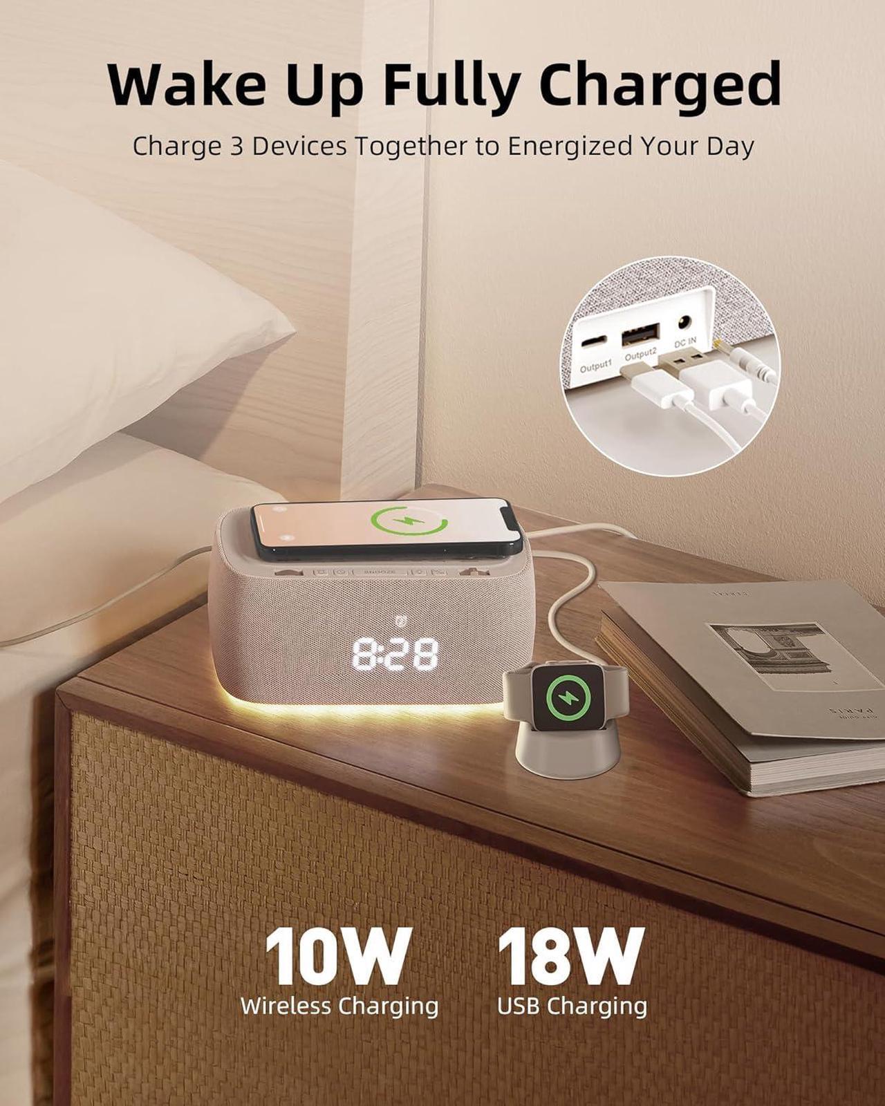 Alt view image 3 of 6 - Alarm Clock with Wireless Charging,Multifunctional Alarm Clock with Bluetooth Speaker,Dimmable LED Display with 9V&2A Fast Charging Port,Clock Radios for Bedroom,Aesthetic Bedside Alarm Clock