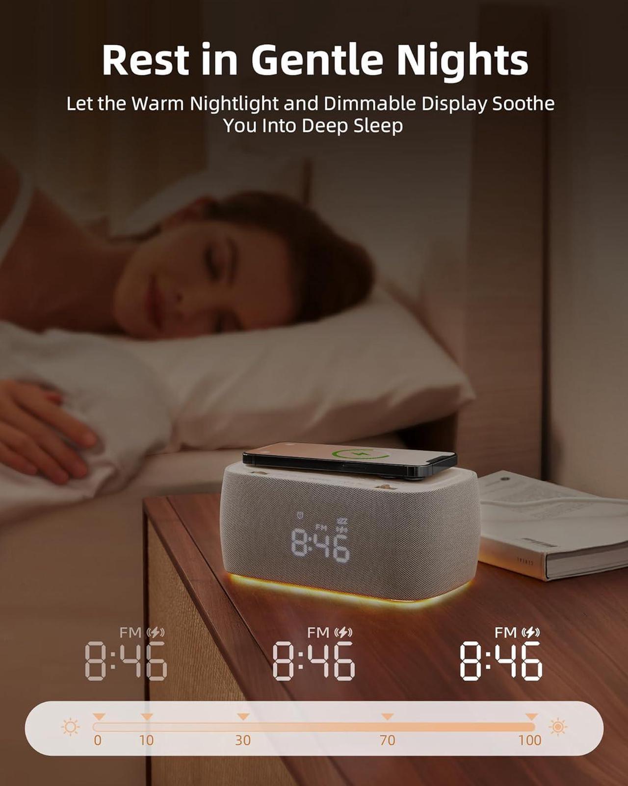 Alt view image 4 of 6 - Alarm Clock with Wireless Charging,Multifunctional Alarm Clock with Bluetooth Speaker,Dimmable LED Display with 9V&2A Fast Charging Port,Clock Radios for Bedroom,Aesthetic Bedside Alarm Clock