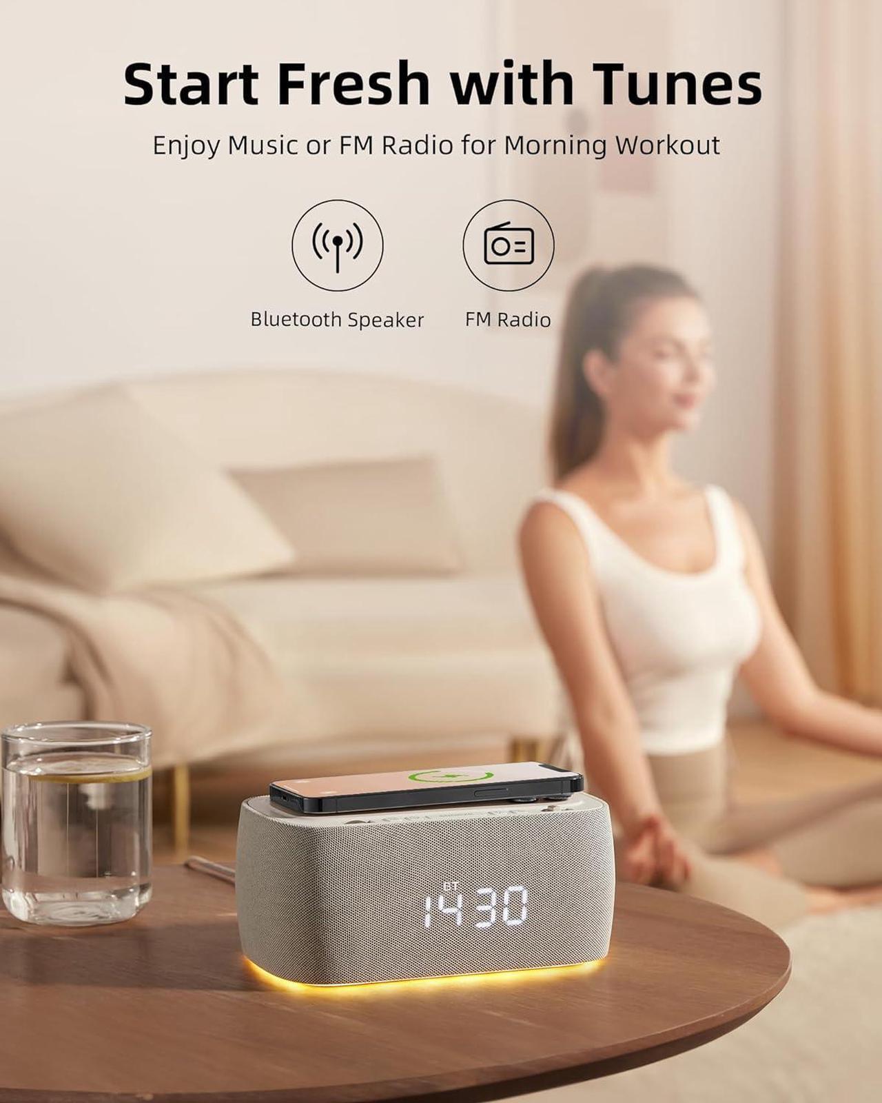 Alt view image 5 of 6 - Alarm Clock with Wireless Charging,Multifunctional Alarm Clock with Bluetooth Speaker,Dimmable LED Display with 9V&2A Fast Charging Port,Clock Radios for Bedroom,Aesthetic Bedside Alarm Clock