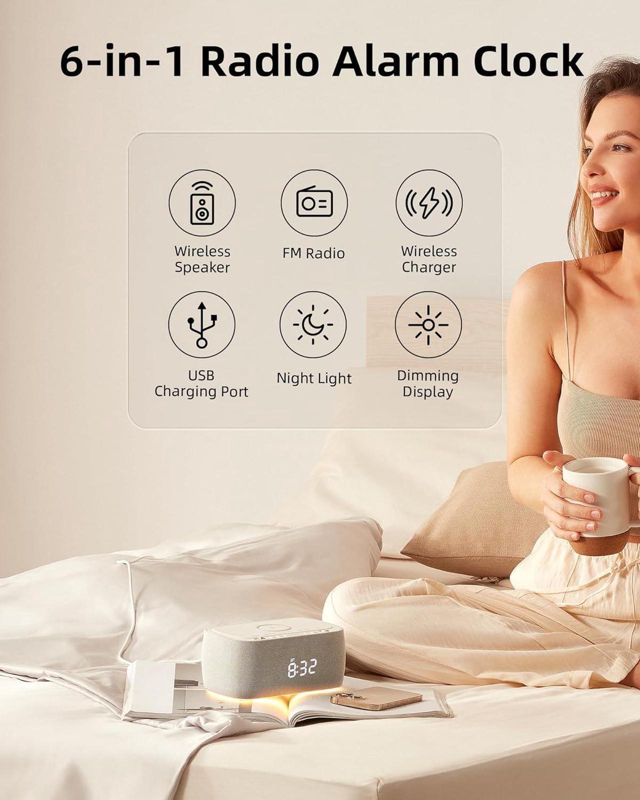 Alt view image 6 of 6 - Alarm Clock with Wireless Charging,Multifunctional Alarm Clock with Bluetooth Speaker,Dimmable LED Display with 9V&2A Fast Charging Port,Clock Radios for Bedroom,Aesthetic Bedside Alarm Clock