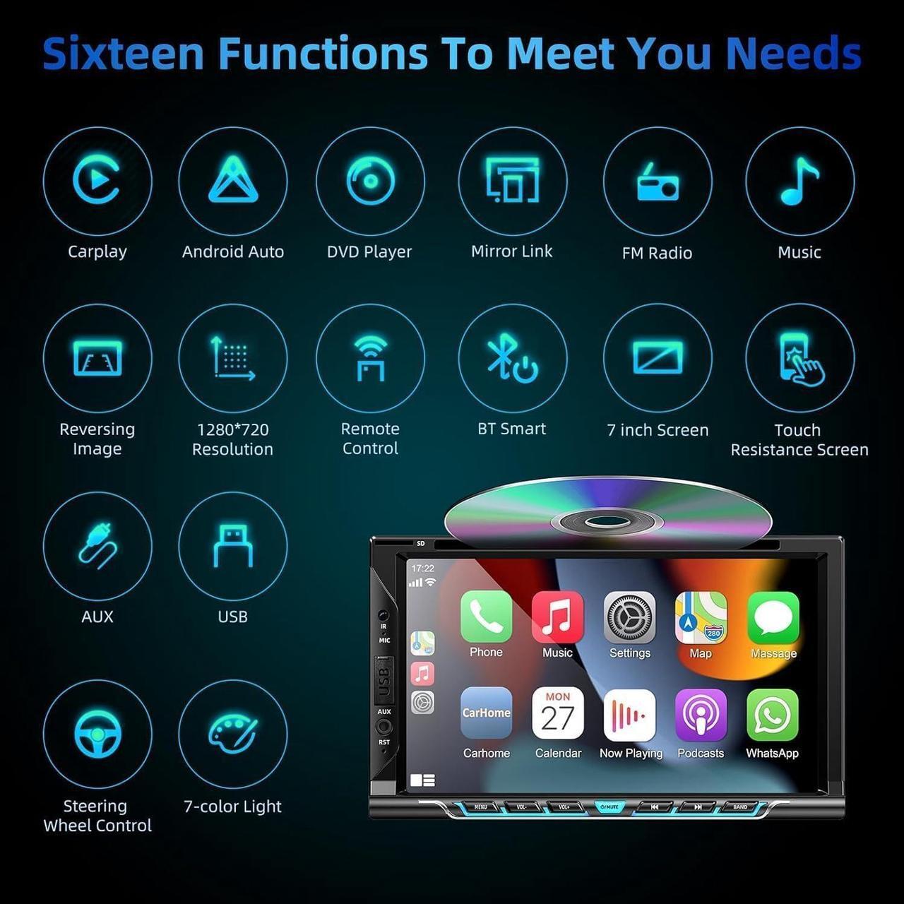 Alt view image 7 of 7 - Double Din Car Stereo with CD/DVD Player,  CarPlay/Android Auto 7 Double din Radio with Backup Camera, Mirror Link, Bluetooth, AM FM Radio Receiver, SWC, Subwoofer, USB/TF/AUX