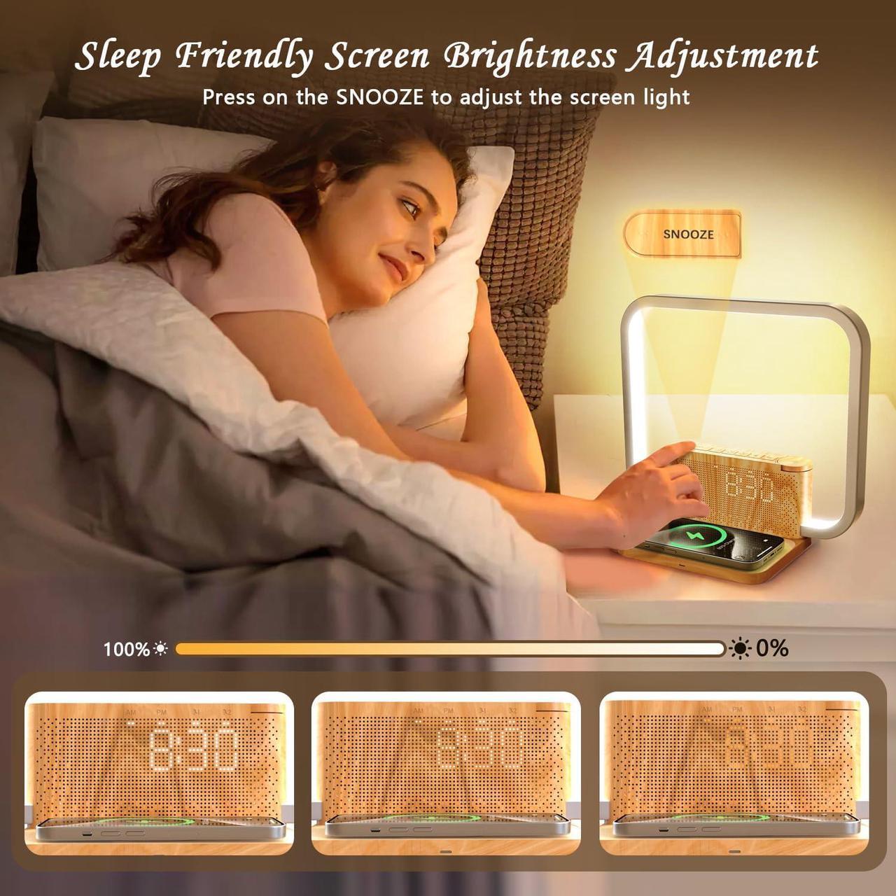 Alt view image 6 of 7 - Sunrise Alarm Clock for Heavy Sleepers with Wireless Charger, Wake Up Light, Sleep Aid with 10 Nature Sounds for Bedroom, White Noise Sound Machine for Adults, 3 Way Dimmable Touch Table Lamp
