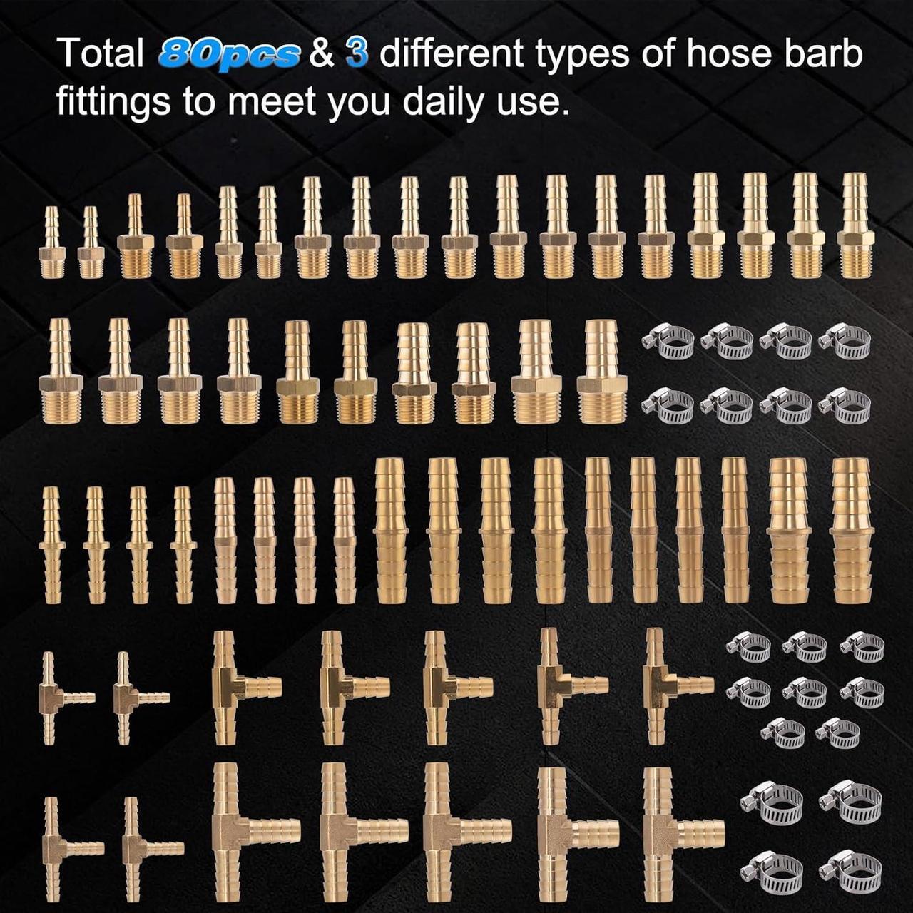 Alt view image 2 of 7 - 80pcs Brass Hose Barb Fittings Kit 1/8" 3/16" 1/4" 5/16" 3/8" 1/2" Barb to Male NPT Thread Air Hose Fitting, Barbed Splicer and Tee with Clamps