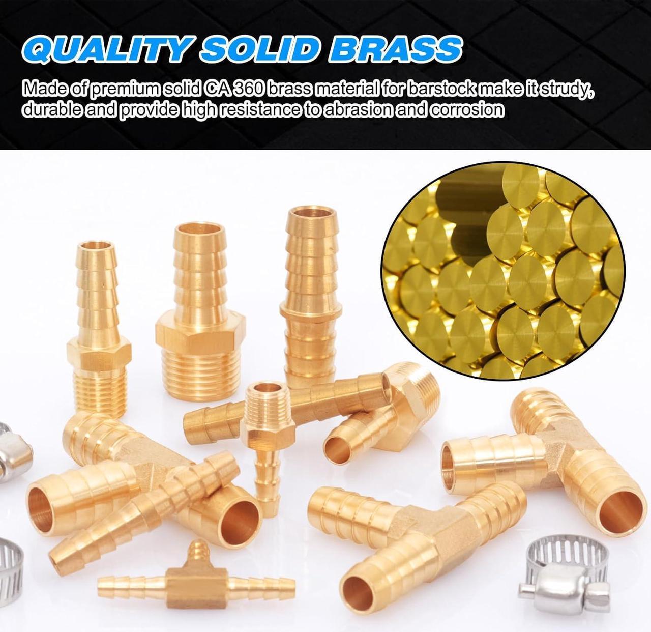 Alt view image 5 of 7 - 80pcs Brass Hose Barb Fittings Kit 1/8" 3/16" 1/4" 5/16" 3/8" 1/2" Barb to Male NPT Thread Air Hose Fitting, Barbed Splicer and Tee with Clamps