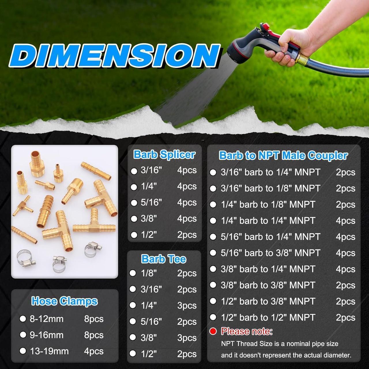 Alt view image 3 of 7 - 80pcs Brass Hose Barb Fittings Kit 1/8" 3/16" 1/4" 5/16" 3/8" 1/2" Barb to Male NPT Thread Air Hose Fitting, Barbed Splicer and Tee with Clamps