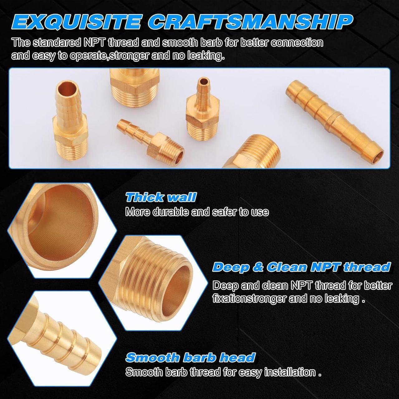 Alt view image 7 of 7 - 80pcs Brass Hose Barb Fittings Kit 1/8" 3/16" 1/4" 5/16" 3/8" 1/2" Barb to Male NPT Thread Air Hose Fitting, Barbed Splicer and Tee with Clamps