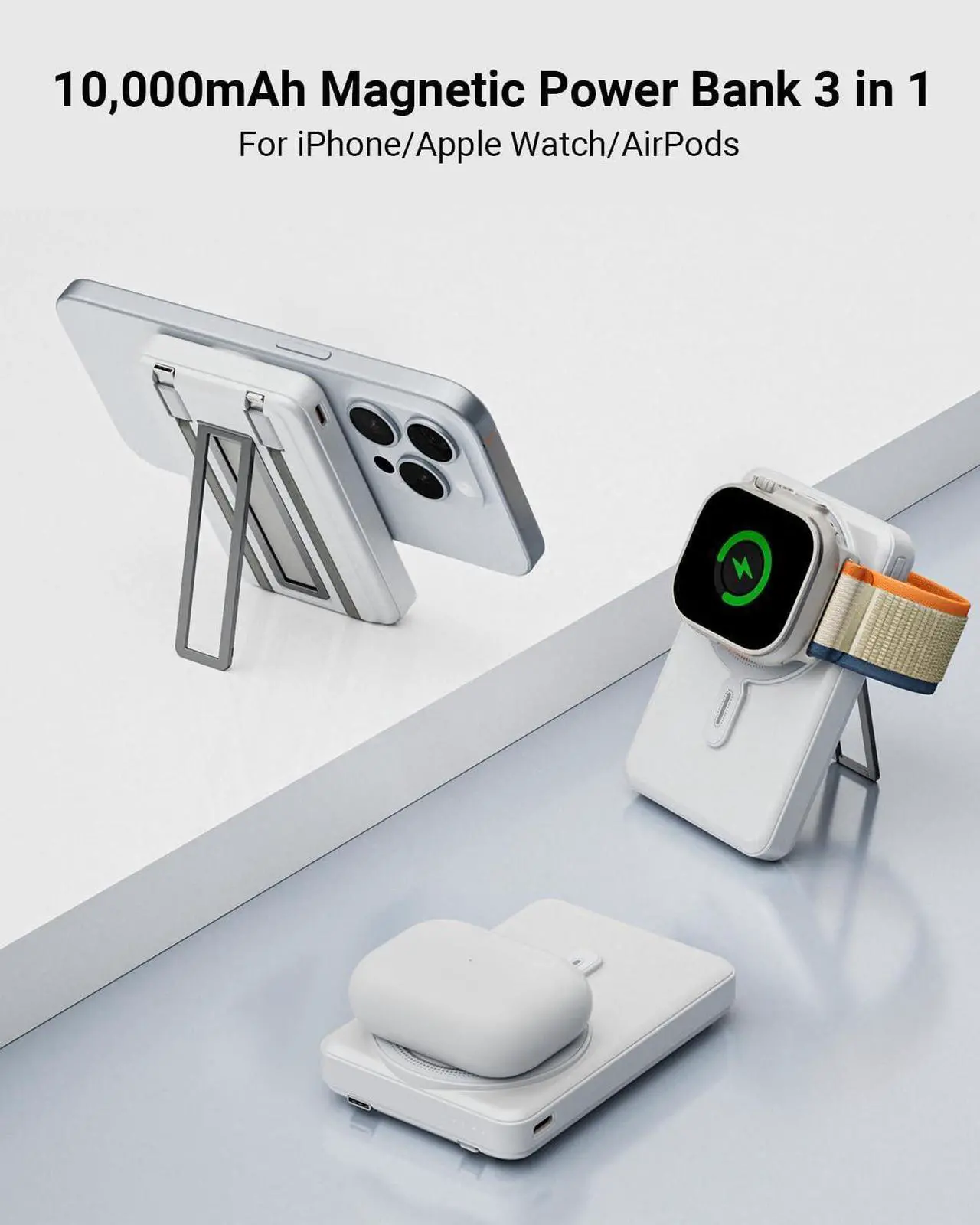 Alt view image 2 of 7 - Magsafe Battery Pack 10000mAh, Magnetic Wireless Portable Charger for  Watch, 5 in 1 Fast Charging Power Bank with Stand and Cables for iPhone 15 Pro Max/14/13/12 mini/AirPods(White)