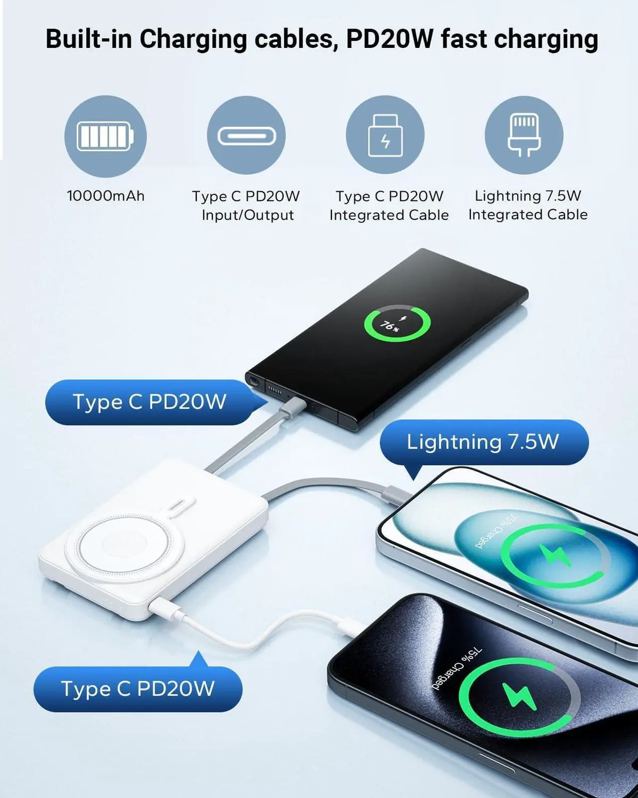 Alt view image 4 of 7 - Magsafe Battery Pack 10000mAh, Magnetic Wireless Portable Charger for  Watch, 5 in 1 Fast Charging Power Bank with Stand and Cables for iPhone 15 Pro Max/14/13/12 mini/AirPods(White)