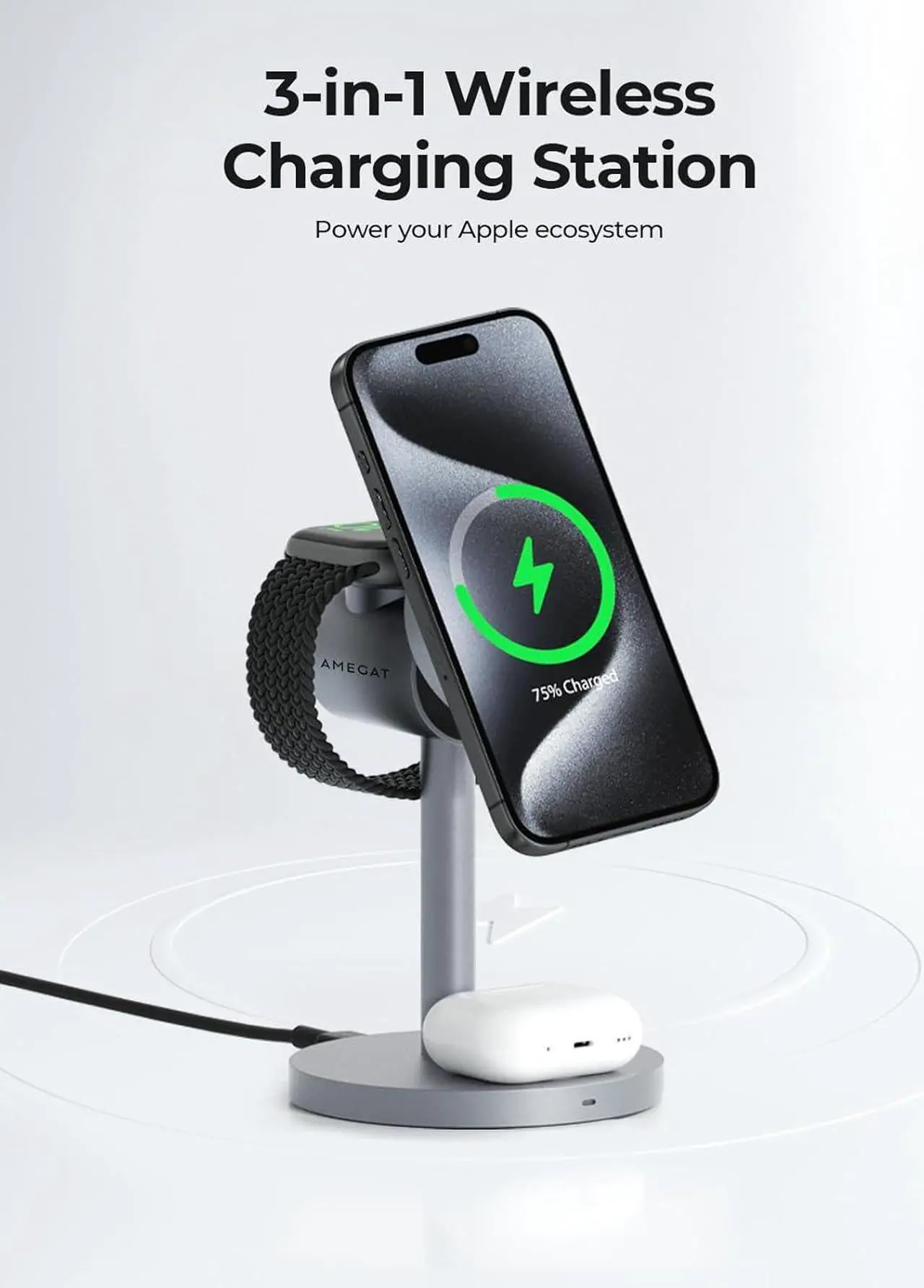 Alt view image 2 of 7 - MagFusion 3-in-1 Charging Station MagSafe Compatible, Qi2 Certified 15W Wireless Charger Stand,  Watch Charger, for iPhone 15/14/13/12, AirPods,  Watch S9 (30W PD Charger Included)