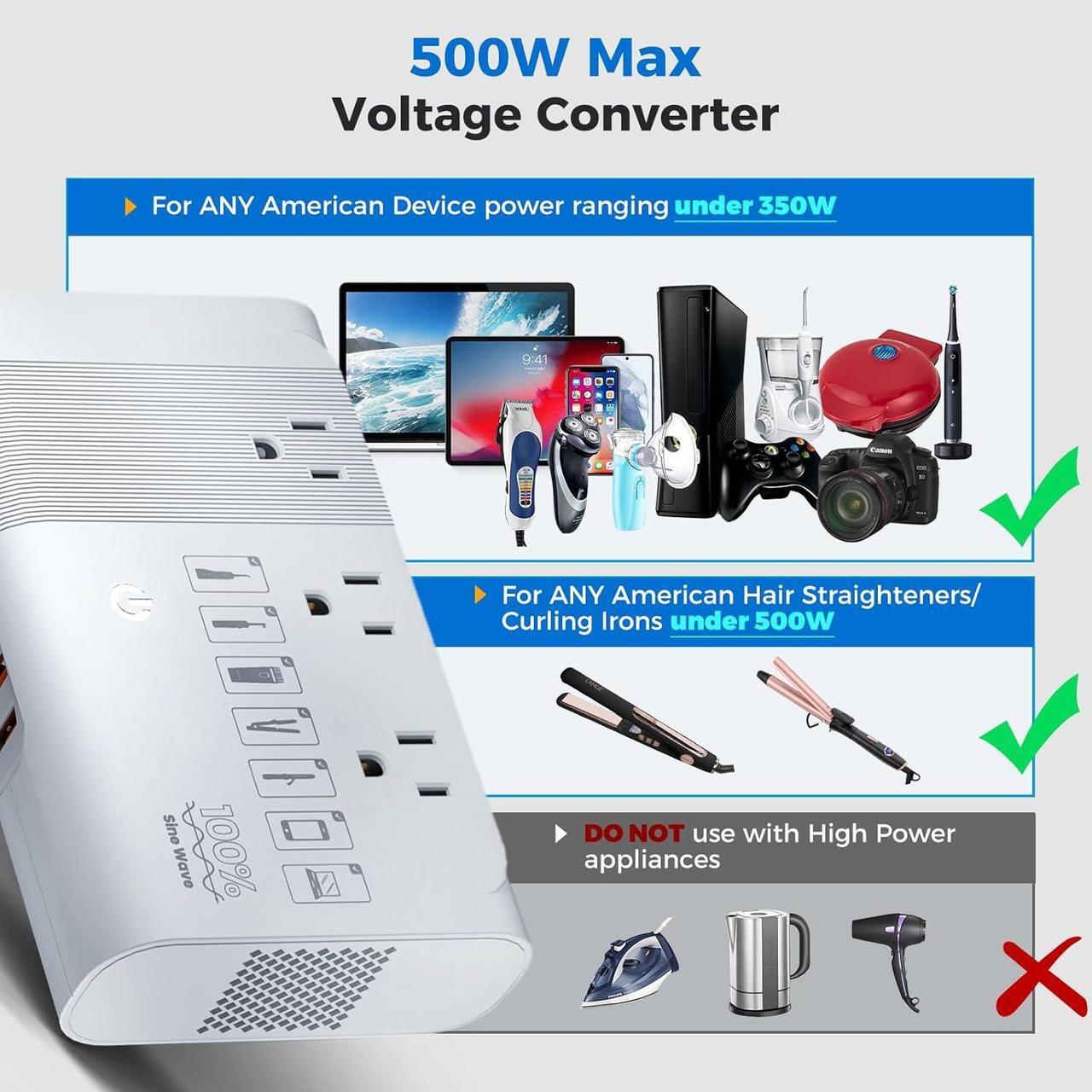 Alt view image 4 of 7 - 500W Max Travel Adapter 220V to 110V Power Voltage Converter 100% Pure Sine Wave, Step Down Transformer for Hair Straightener Curler CPAP Toothbrush Laptop Phone, US to EU/UK/AU/IT/CN Converter