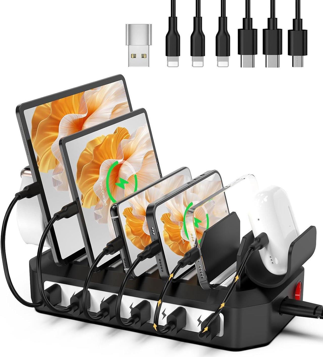 Main image of 60W Phone Charging Station for Multiple Devices,6-Port USB Charging Dock with 6 Cables Compatible with iPad, iPhone, Tablet and Cell Phone, Kindle, ,Watch