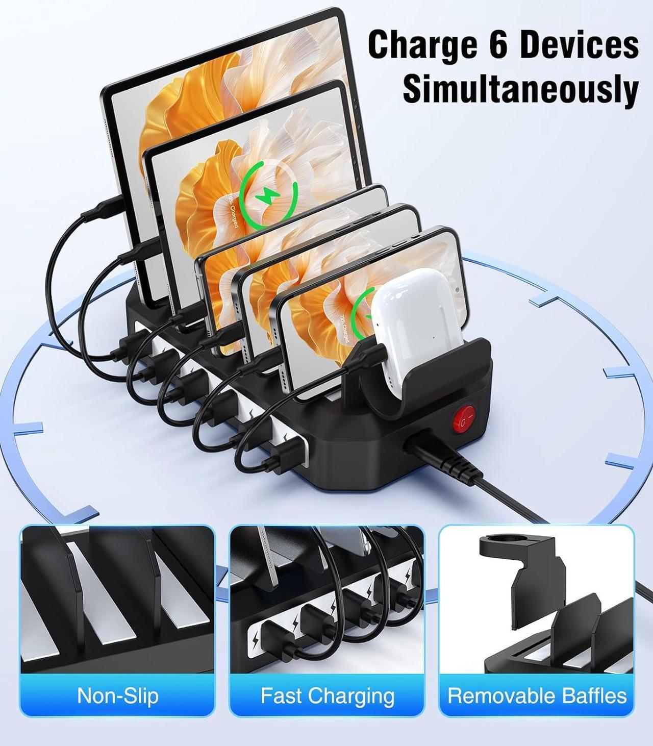 Alt view image 2 of 7 - 60W Phone Charging Station for Multiple Devices,6-Port USB Charging Dock with 6 Cables Compatible with iPad, iPhone, Tablet and Cell Phone, Kindle, ,Watch