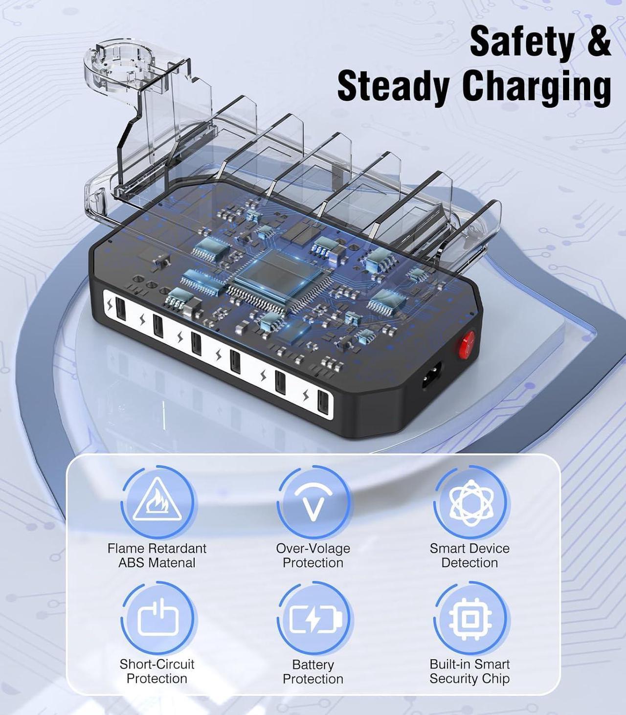 Alt view image 3 of 7 - 60W Phone Charging Station for Multiple Devices,6-Port USB Charging Dock with 6 Cables Compatible with iPad, iPhone, Tablet and Cell Phone, Kindle, ,Watch
