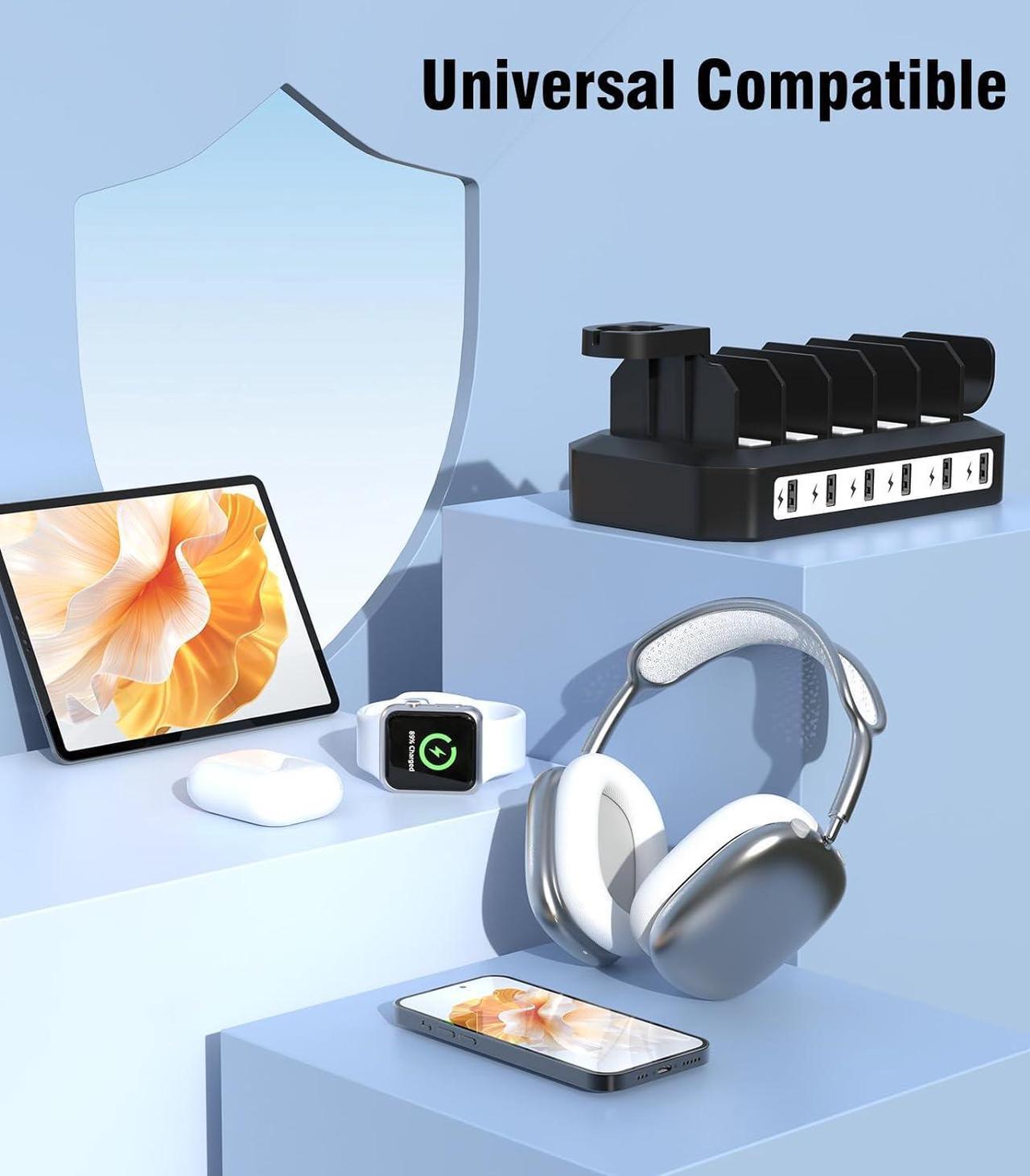 Alt view image 5 of 7 - 60W Phone Charging Station for Multiple Devices,6-Port USB Charging Dock with 6 Cables Compatible with iPad, iPhone, Tablet and Cell Phone, Kindle, ,Watch