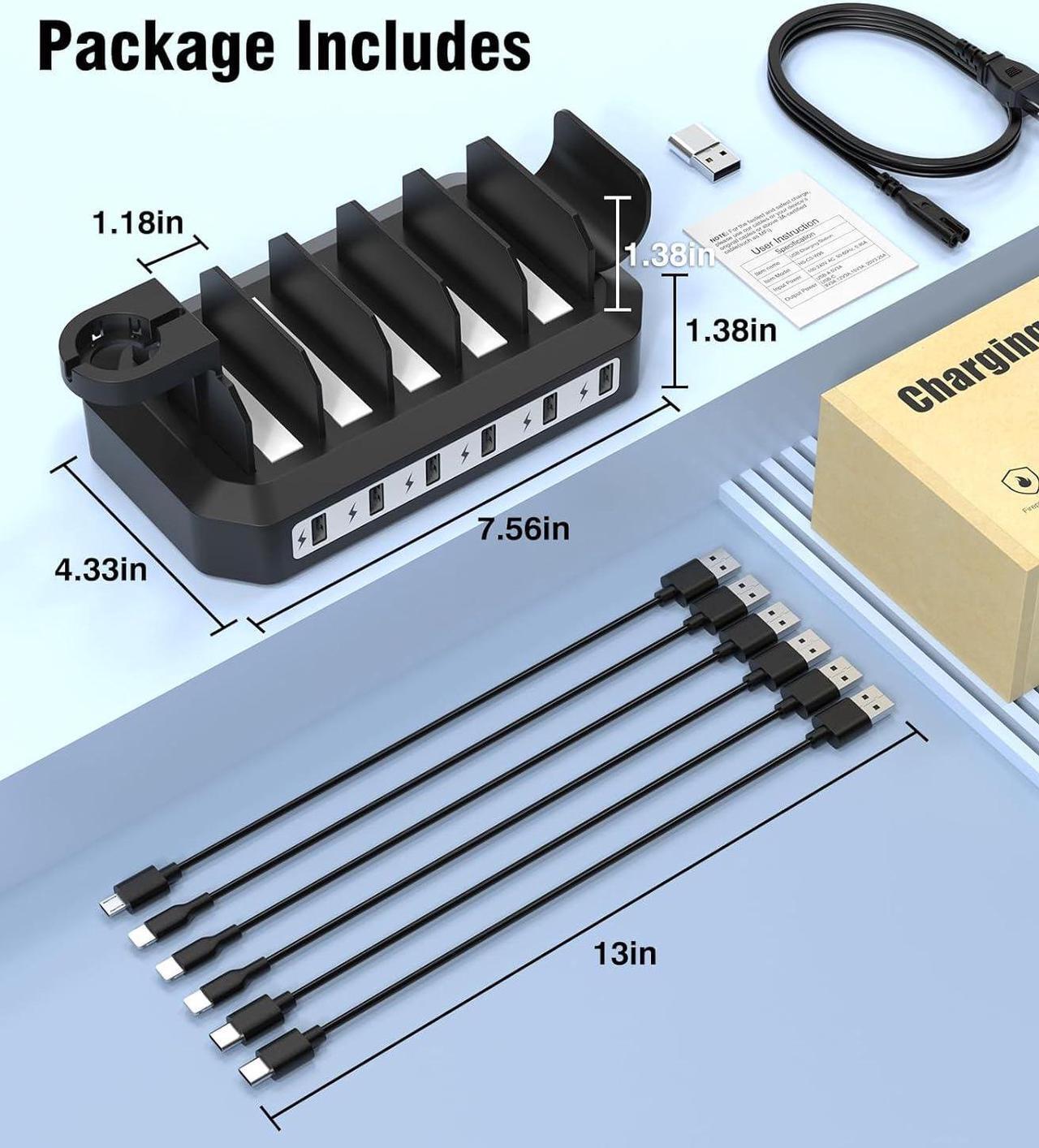 Alt view image 7 of 7 - 60W Phone Charging Station for Multiple Devices,6-Port USB Charging Dock with 6 Cables Compatible with iPad, iPhone, Tablet and Cell Phone, Kindle, ,Watch