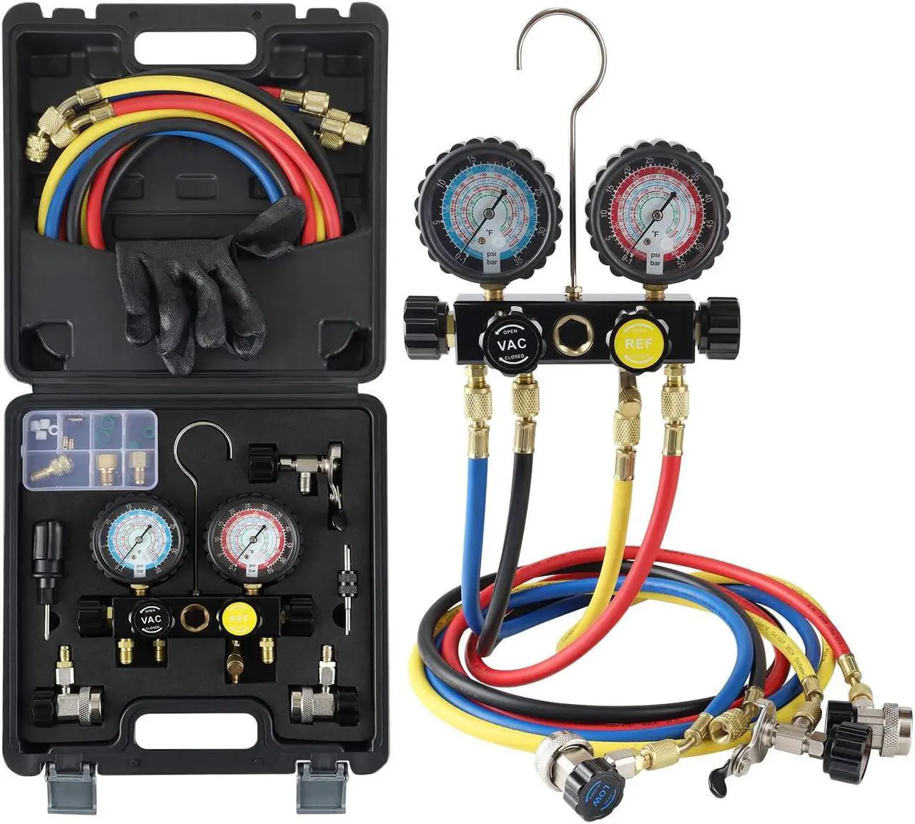 Main image of HVAC Gauges with Hoses, AC Manifold Gauge Set R134A R410A R404A R22 Refrigerant Gauges