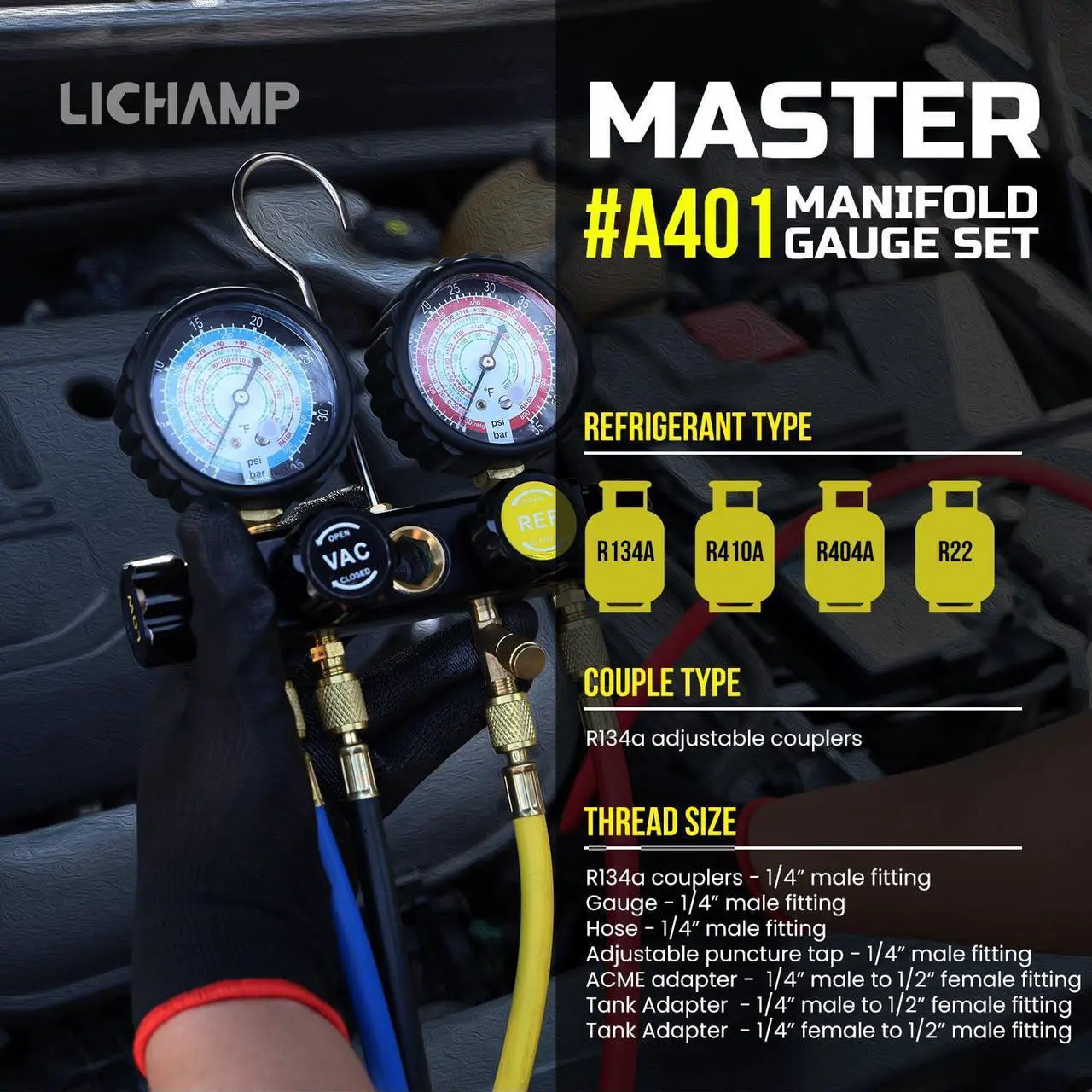 Alt view image 2 of 6 - HVAC Gauges with Hoses, AC Manifold Gauge Set R134A R410A R404A R22 Refrigerant Gauges