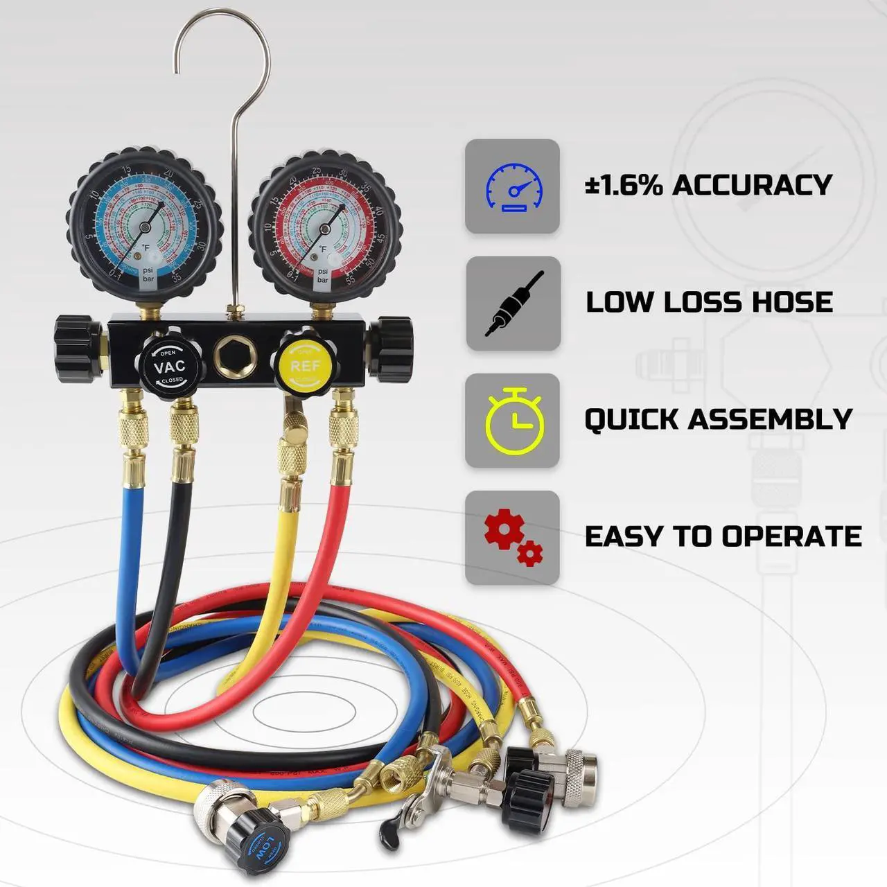 Alt view image 3 of 6 - HVAC Gauges with Hoses, AC Manifold Gauge Set R134A R410A R404A R22 Refrigerant Gauges