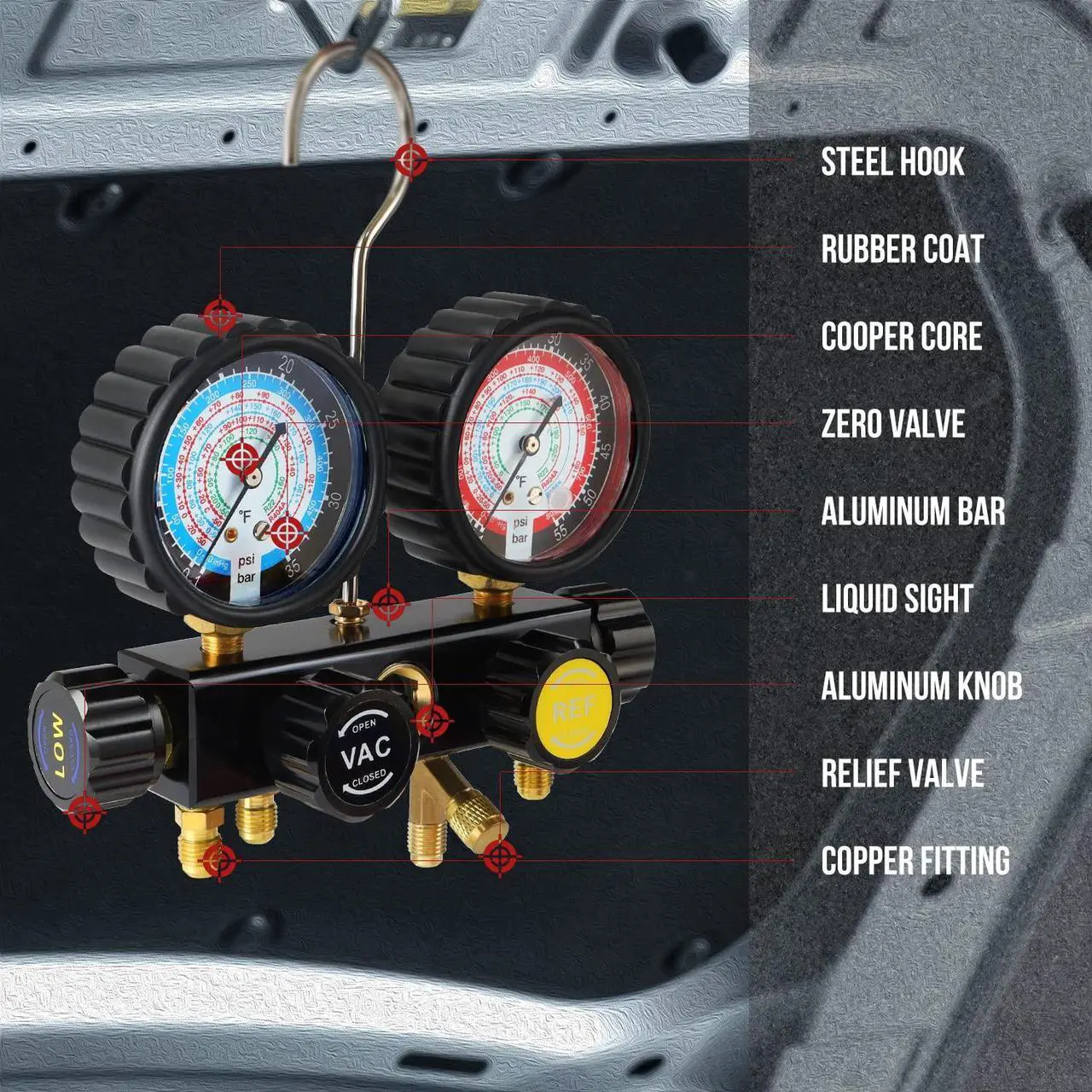 Alt view image 4 of 6 - HVAC Gauges with Hoses, AC Manifold Gauge Set R134A R410A R404A R22 Refrigerant Gauges