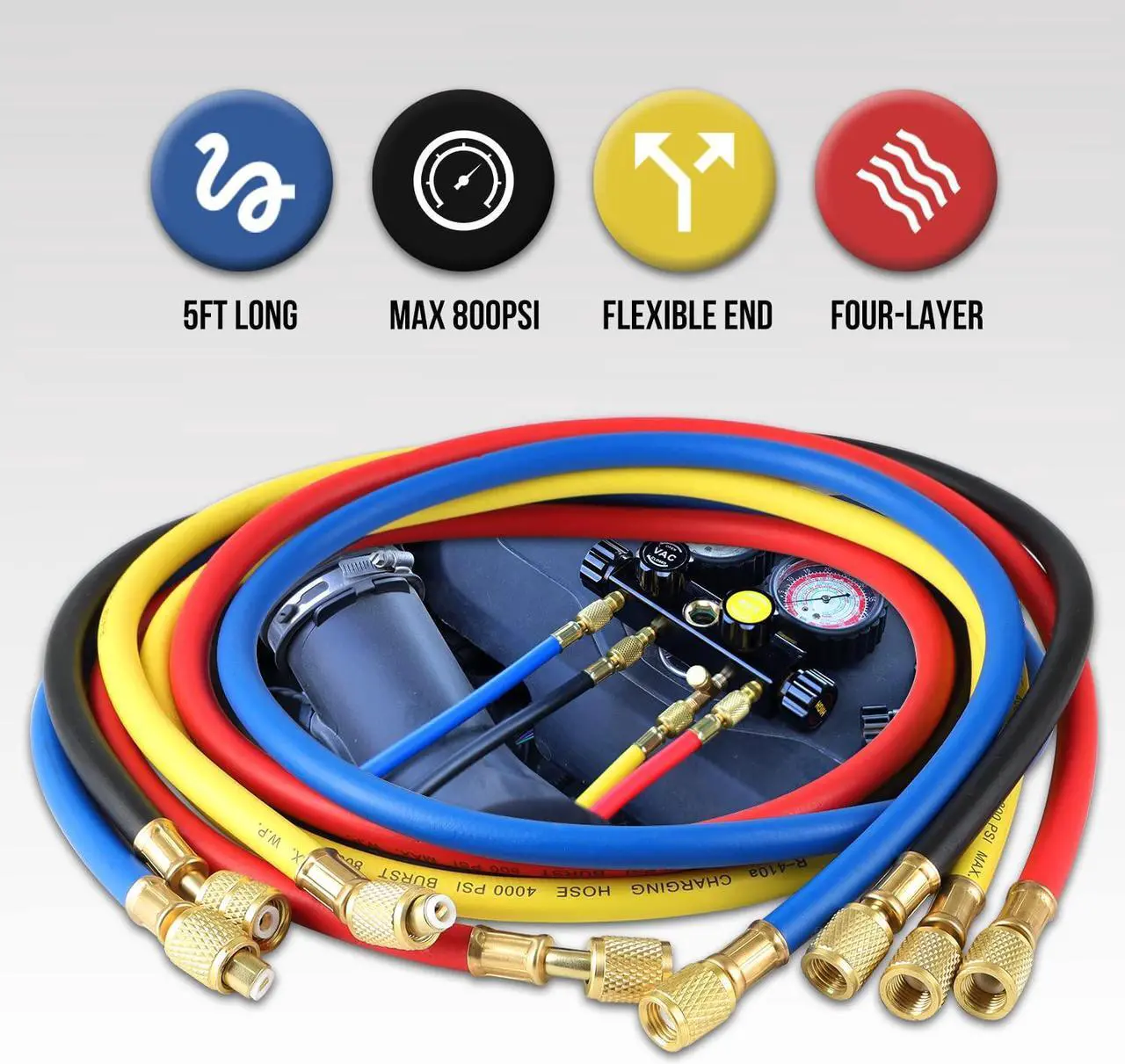 Alt view image 5 of 6 - HVAC Gauges with Hoses, AC Manifold Gauge Set R134A R410A R404A R22 Refrigerant Gauges