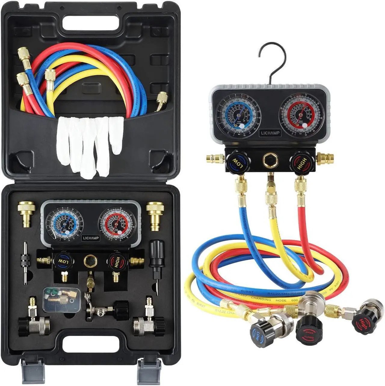 Main image of AC R1234YF R134A Gauge Set, Automotive Manifold Gauge Compatible with R1234YF R134A and R404A Refrigerants, Works on Car Freon Charging and Evacuation