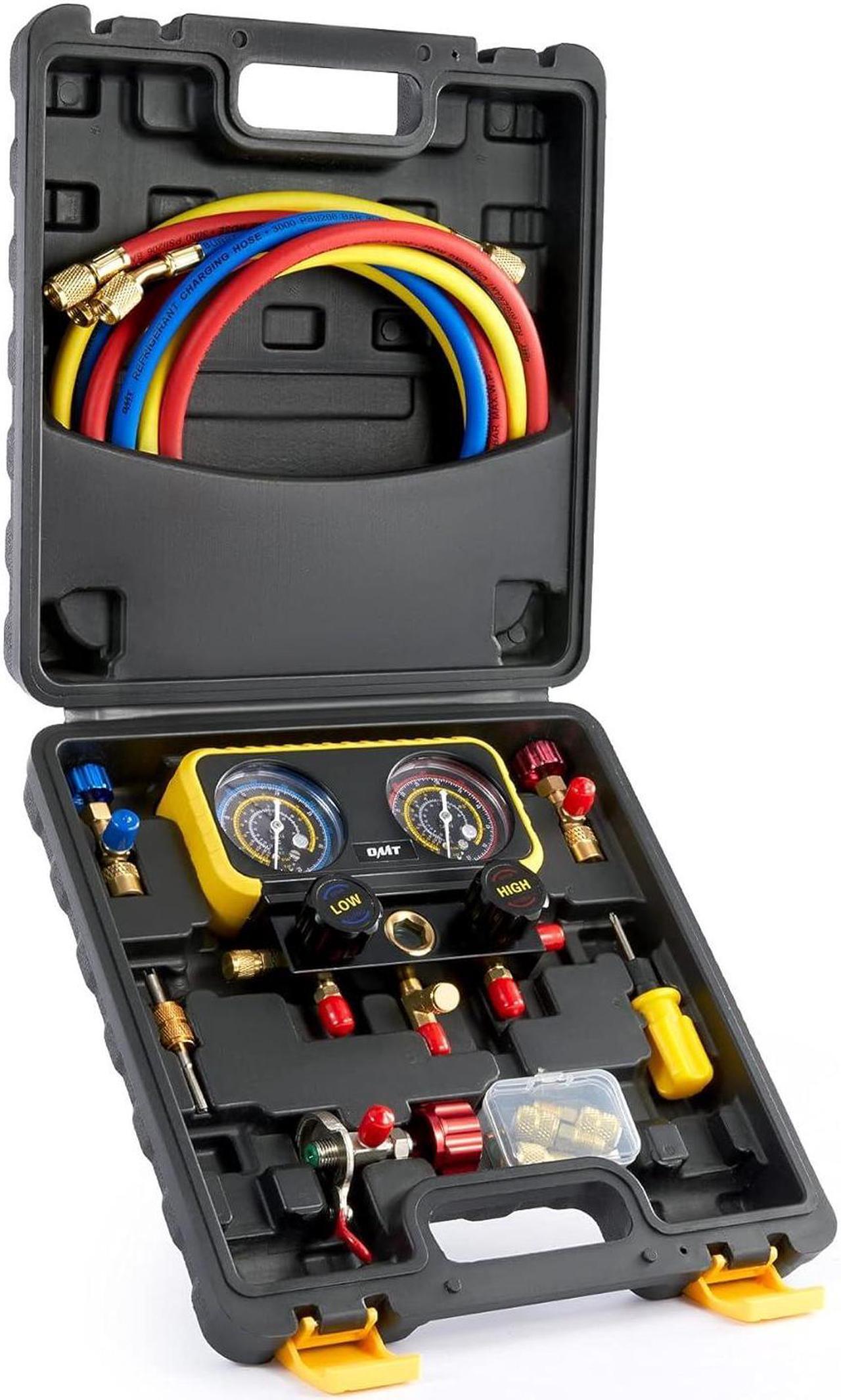 Main image of AC Manifold Gauge Set for R410a Refrigerant, 3 Way AC Gauges R410a Manifold Set with R410a R22 Safety Valves, 3 Hoses, R410a Adapters, Universal Can Tap, AC Recharge Kit