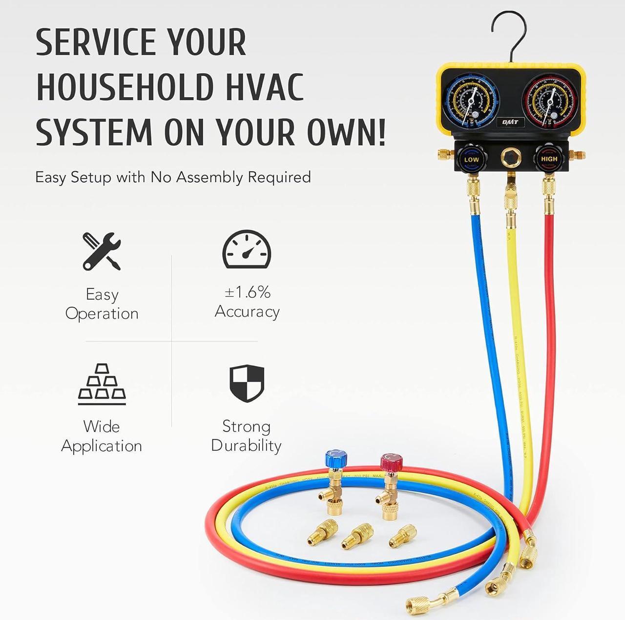 Alt view image 2 of 7 - AC Manifold Gauge Set for R410a Refrigerant, 3 Way AC Gauges R410a Manifold Set with R410a R22 Safety Valves, 3 Hoses, R410a Adapters, Universal Can Tap, AC Recharge Kit