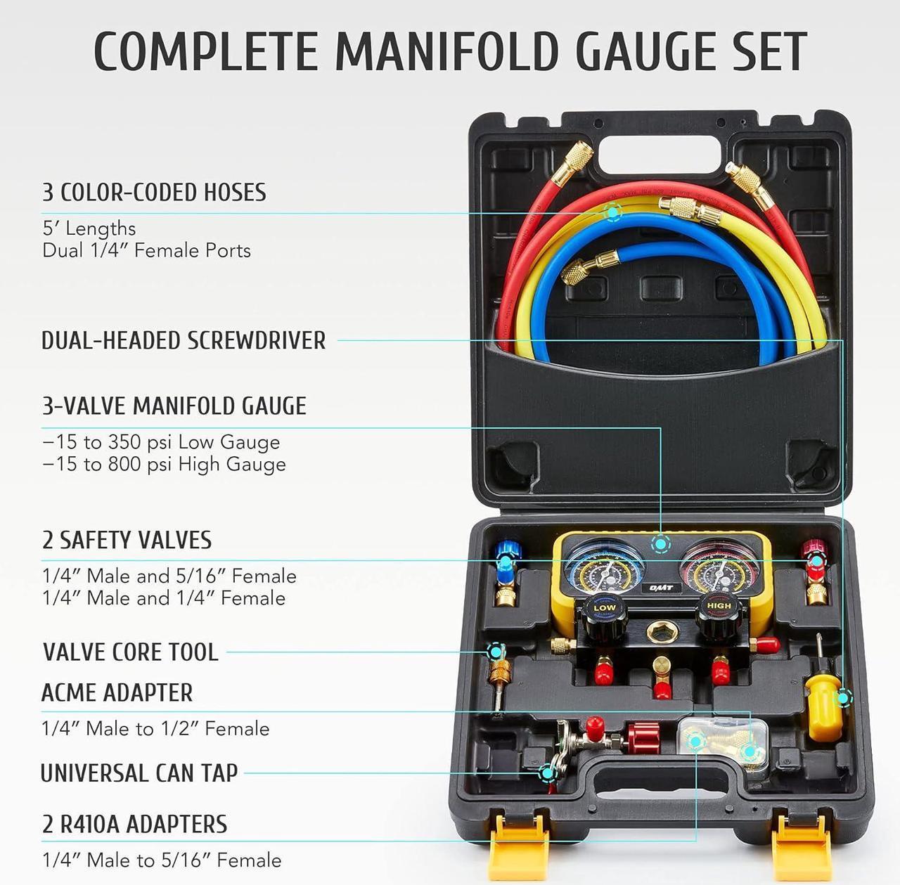 Alt view image 3 of 7 - AC Manifold Gauge Set for R410a Refrigerant, 3 Way AC Gauges R410a Manifold Set with R410a R22 Safety Valves, 3 Hoses, R410a Adapters, Universal Can Tap, AC Recharge Kit