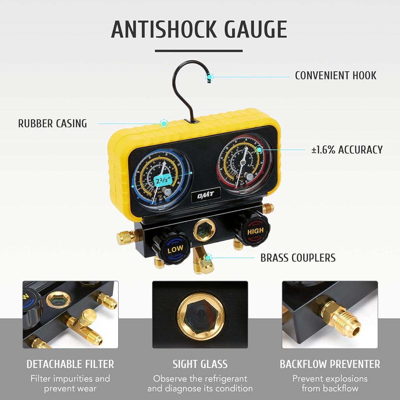 Alt view image 4 of 7 - AC Manifold Gauge Set for R410a Refrigerant, 3 Way AC Gauges R410a Manifold Set with R410a R22 Safety Valves, 3 Hoses, R410a Adapters, Universal Can Tap, AC Recharge Kit