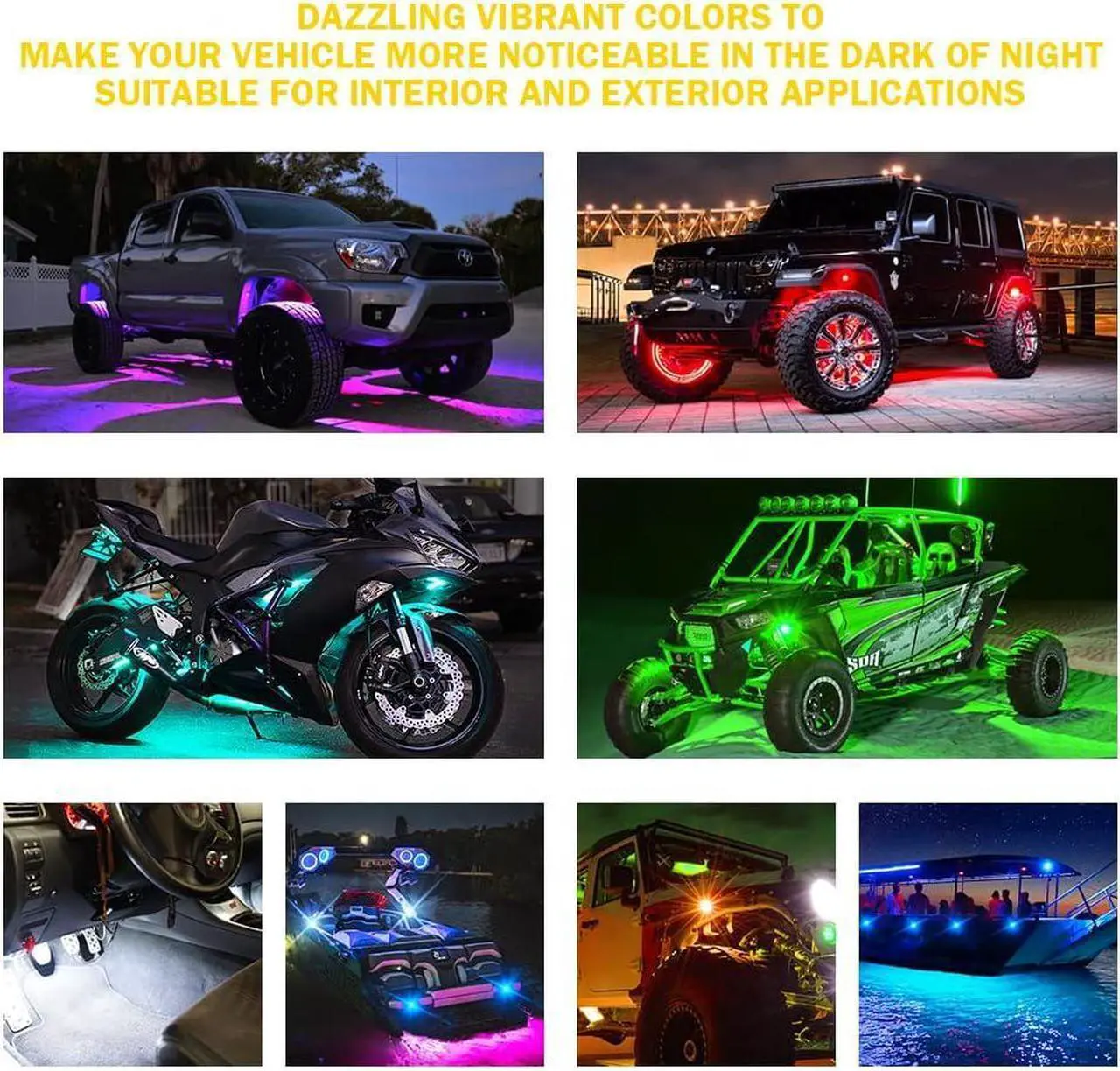 Alt view image 6 of 7 - RGBW LED Rock Lights Kit with Bluetooth & Wireless Remote Controller, Multicolor Cars Underglow, Wheel, Footwell Neon Light Kits, for Off-Road UTV ATV Trucks SUV Motorcycle Boats - 8 Pods