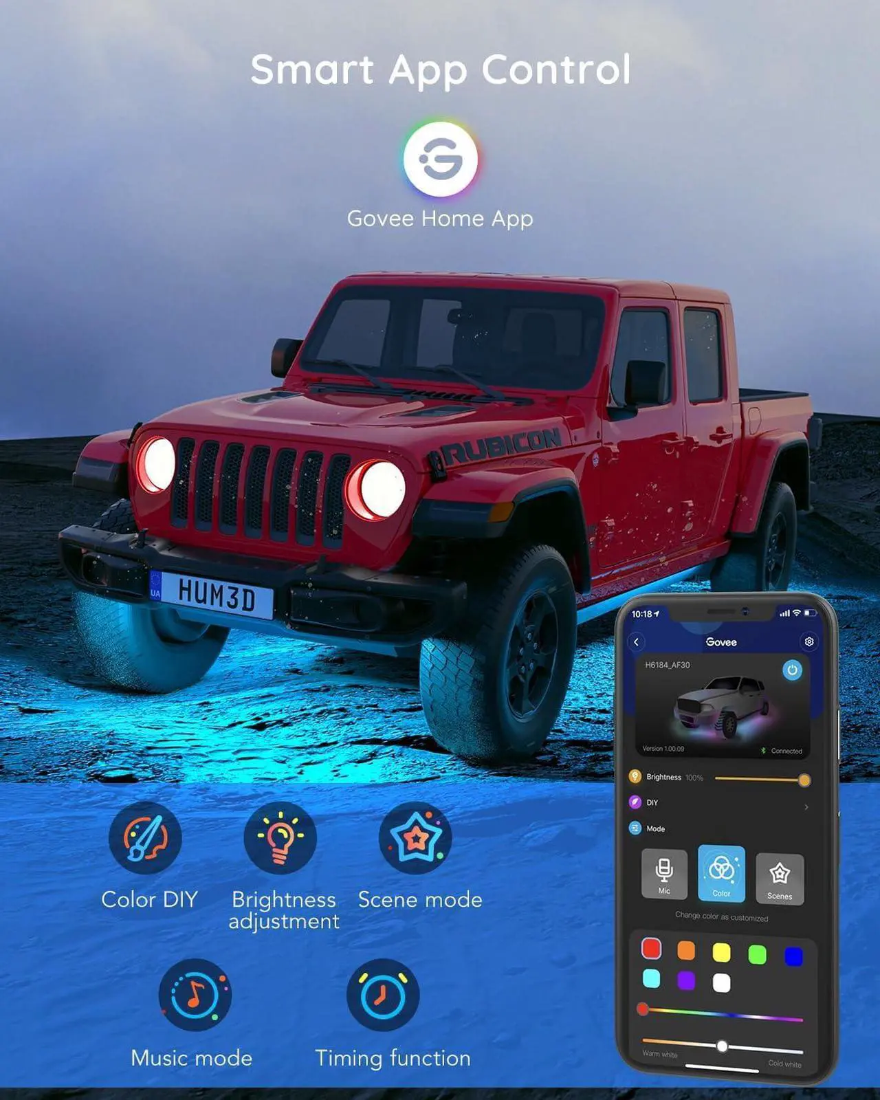 Alt view image 5 of 7 - Underglow Car Lights, 4 pcs RGBIC Smart LED Lights with 16 Million Colors and 10 Scene Modes with App Control, 2 Music Modes for Cars, SUVs, Trucks, DC 12-24V